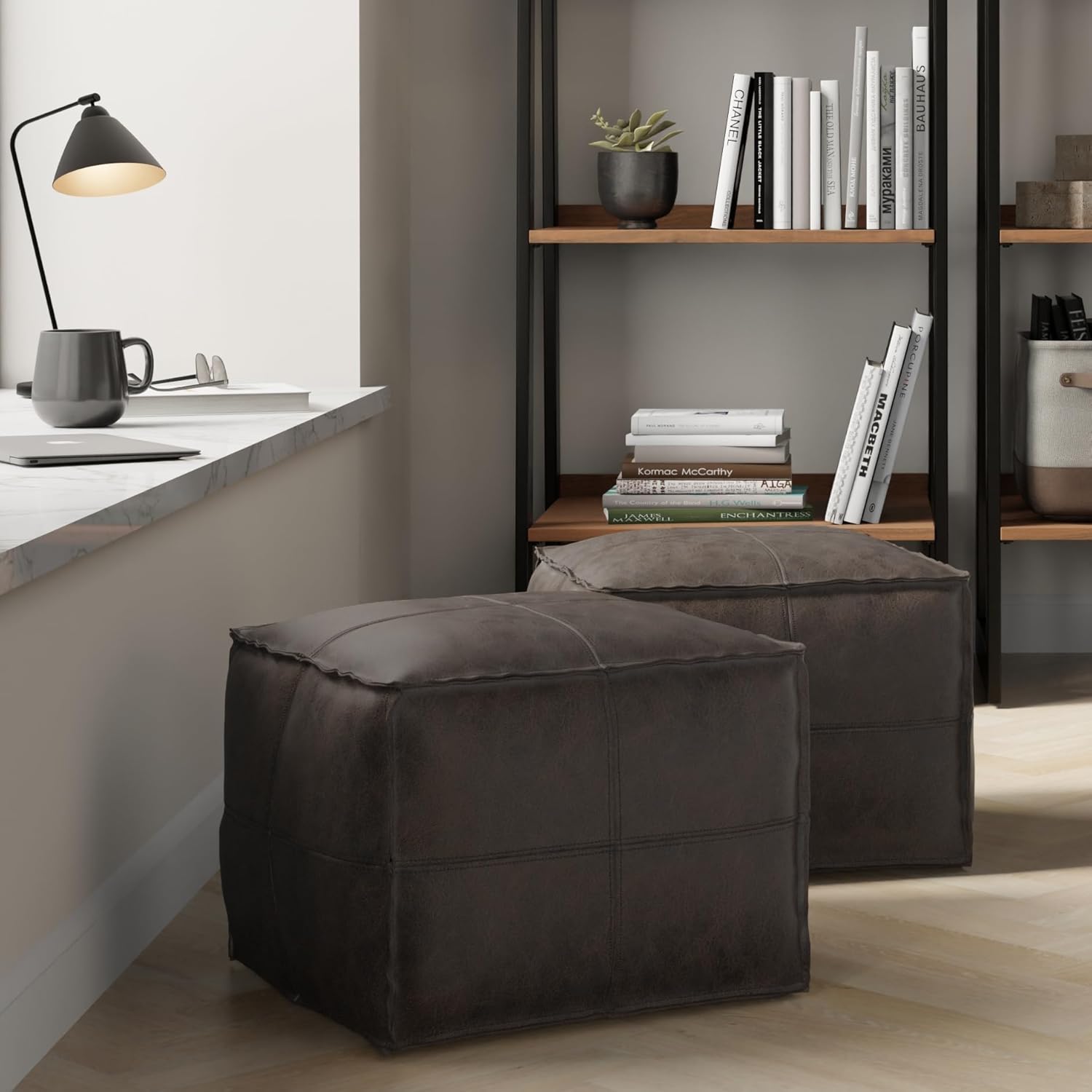 SIMPLIHOME Sheffield Square Pouf - 18" Wide x 14" High Genuine Leather Ottoman in Distressed Dark Brown, Boho-Style Footrest, Extra Seating, or Accent Piece for Living Room or Bedroom, Assembled