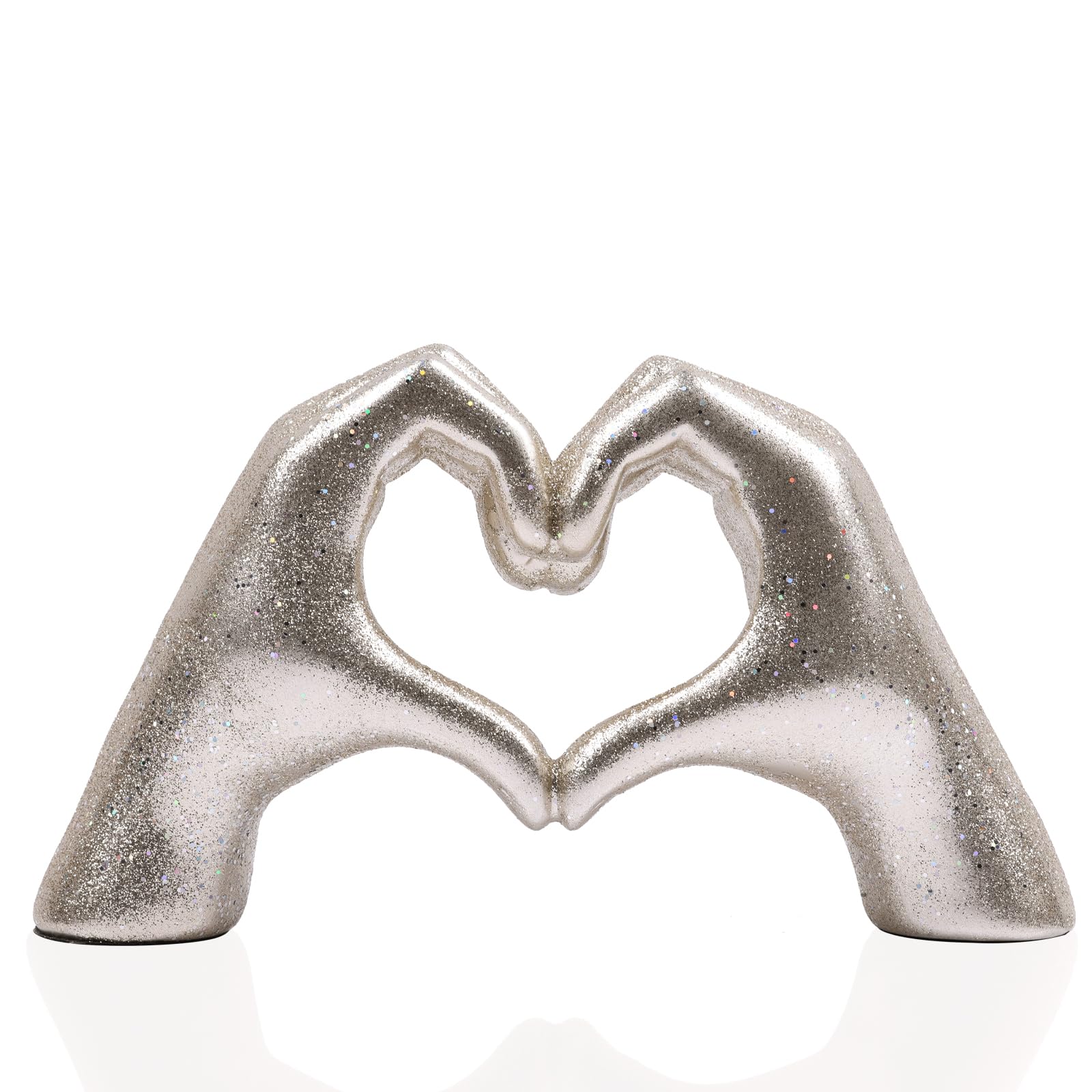 Shiny gold hand heart decoration, heart hand statue, love finger sculpture wedding decoration, suitable for bookshelf coffee table office bedroom TV cabinet bookshelf small ornaments home decoration.