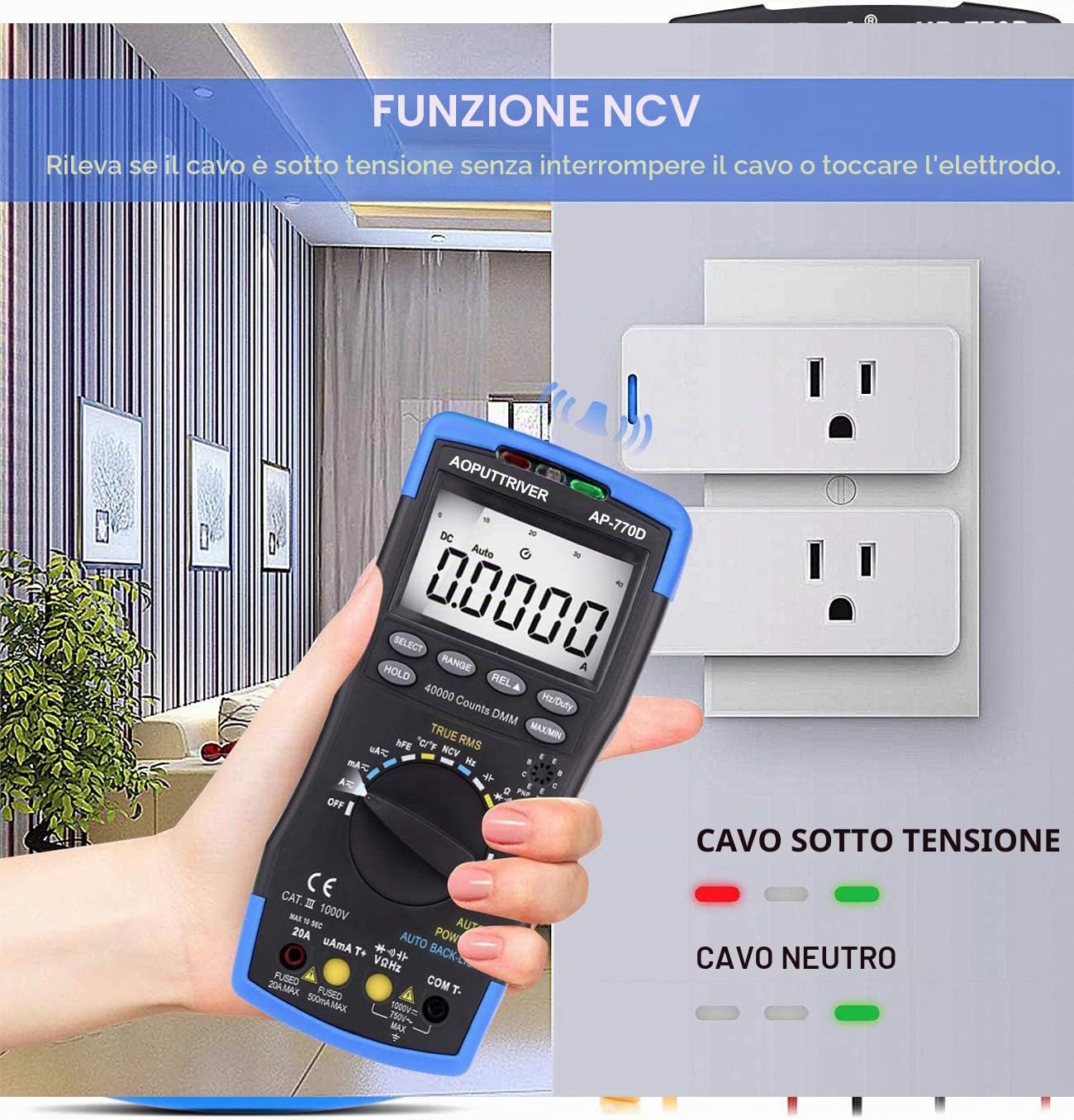Digital Multimeter Autoranging HP-770D TRMS 40000Counts Multimeter Tester Voltmeter Ammeter with High Precision for NCV AC/DC Voltage Current Resistance Capacitance Frequency Diodes hFE Temperature