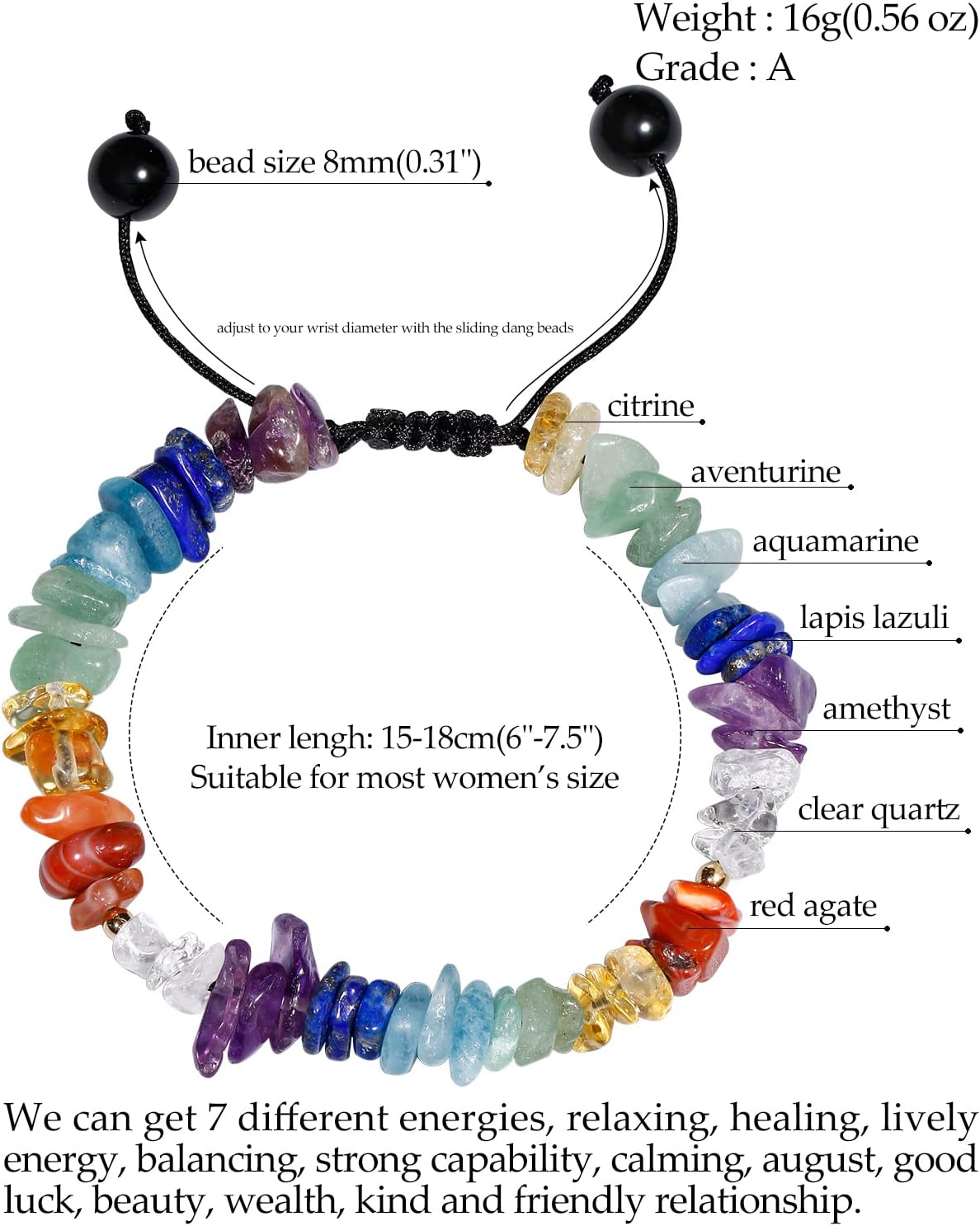 Jewever 7 Chakra Stone Bracelet for Women Chip Tumbled Real Reiki Crystals and Gemstones Anti Anxiety Relax Meditation Yoga Balance Spiritual Bracelets - Image 3