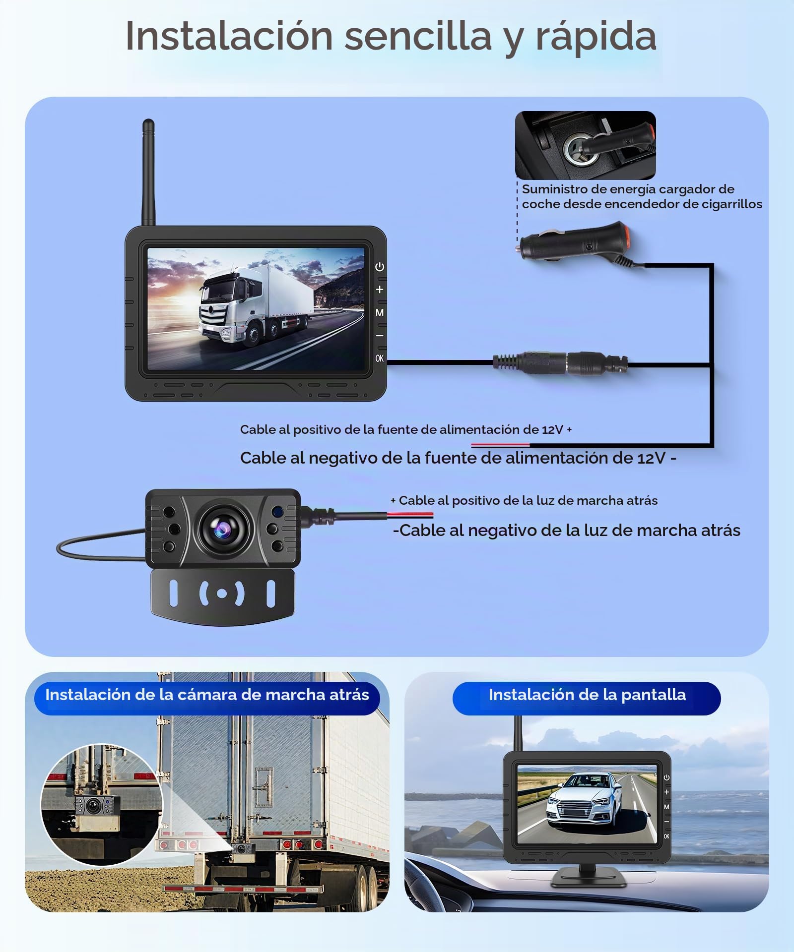 VECHTEL Cámara de visión Trasera inalámbrica con Pantalla HD de 4,3 Pulgadas,cámara de visión Trasera Digital con visión Nocturna IP68,Pantalla extraíble con Enchufe para Encendedor de Cigarrillos