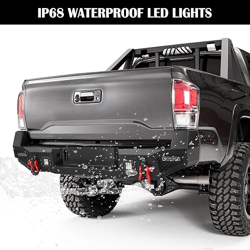 Miniatura 5 de Parachoques trasero de acero para Tacoma 2016 2017 2018 2019 2020 2021 2022 2023 con placa de cabrestante y orificio de sensor y luces LED y kits de