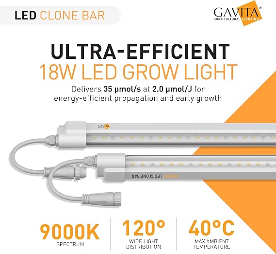 Gavita LED Clone Bar (2-Pack) - 18W 9000K Full Spectrum Grow Lights for Seedlings, Cloning & Propagation | Energy Efficient, Daisy Chainable, IP66 Waterproof, 120-277V