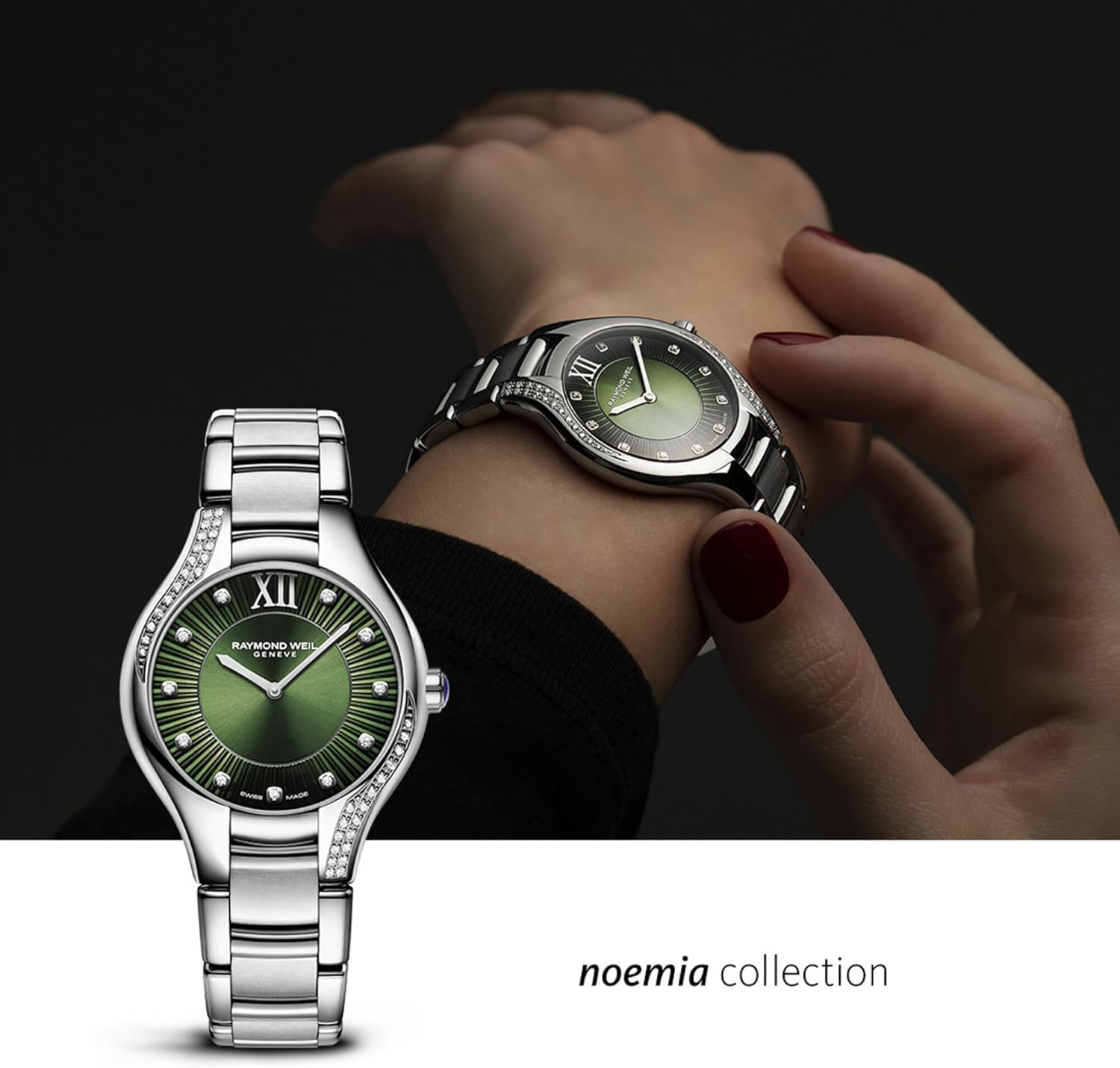 RAYMOND WEIL Noemia Women's Watch, Quartz, Green Dial, Roman Numerals, 47 Diamonds, Stainless Steel, 32 mm (Model: 5132-S1S-52181)