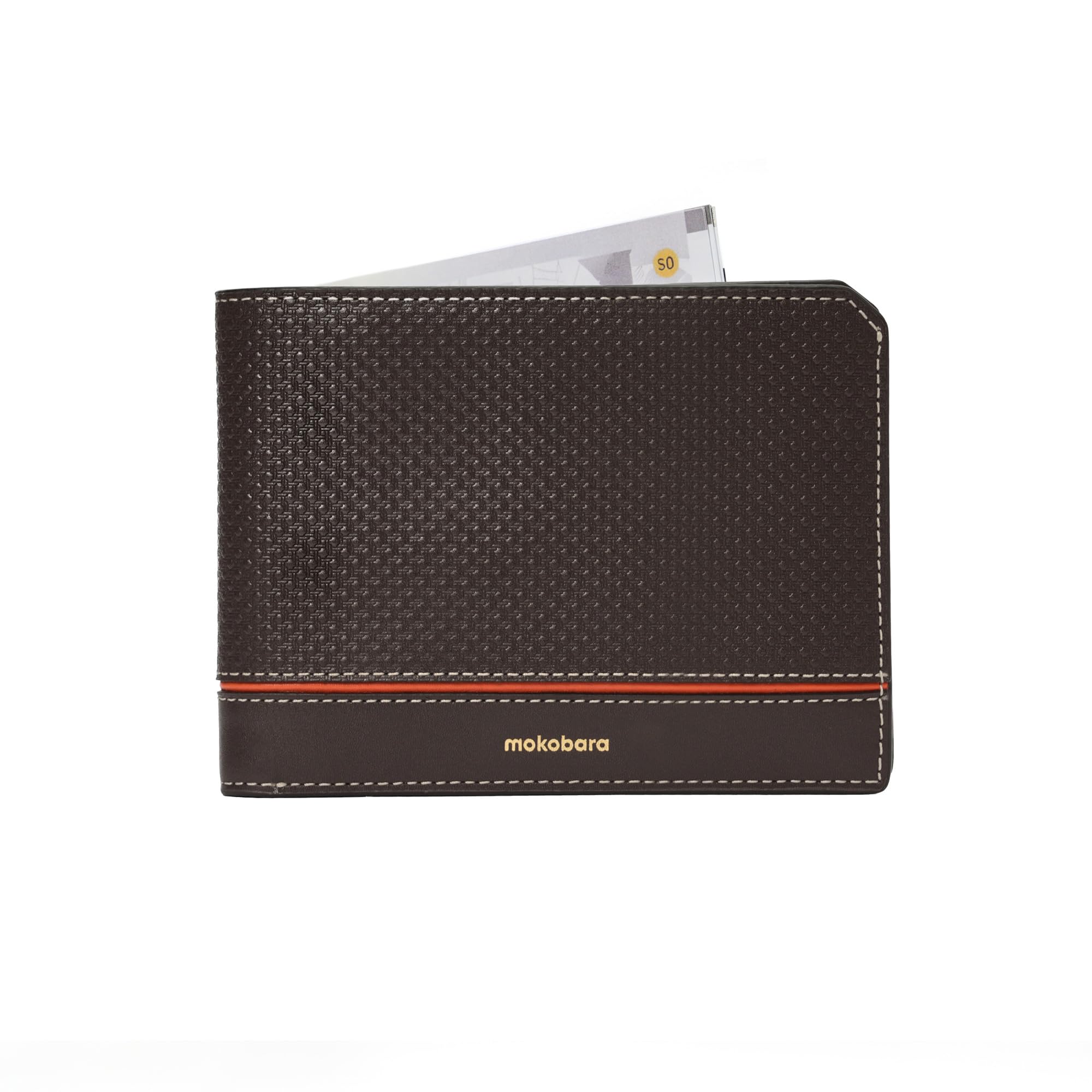 MOKOBARA Stash Slim Bifold Wallet for Men | Geometric Textured | Genuine Leather | RFID Protected | Holds Up to 6 Cards | Single Currency Compartment | Ka-Ching (Brown)