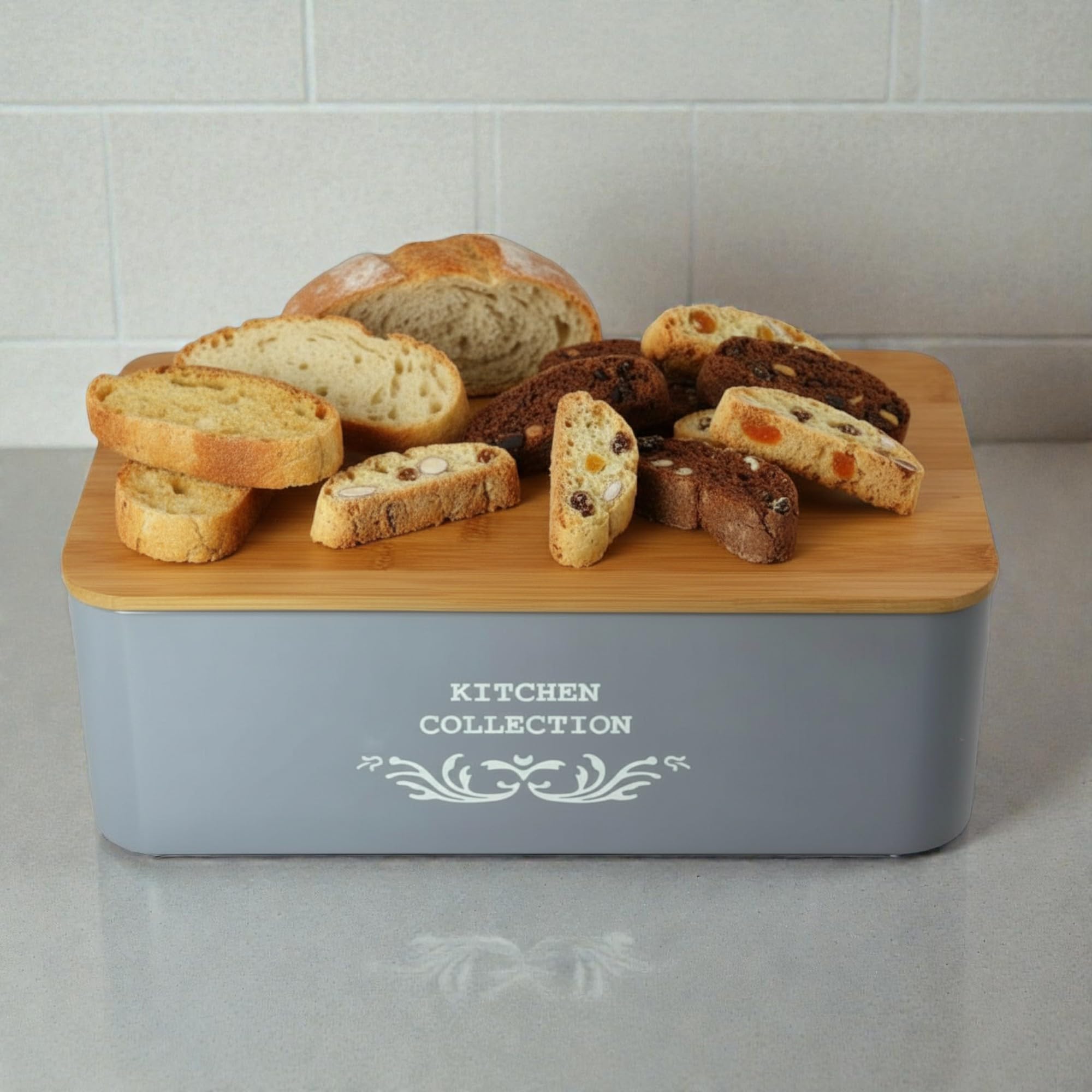 Portapane in Metallo con Coperchio in Bambù – Design Vintage – Contenitore Pane da Cucina 35x23x12,5 cm – Scatola Pane Elegante e Salvaspazio