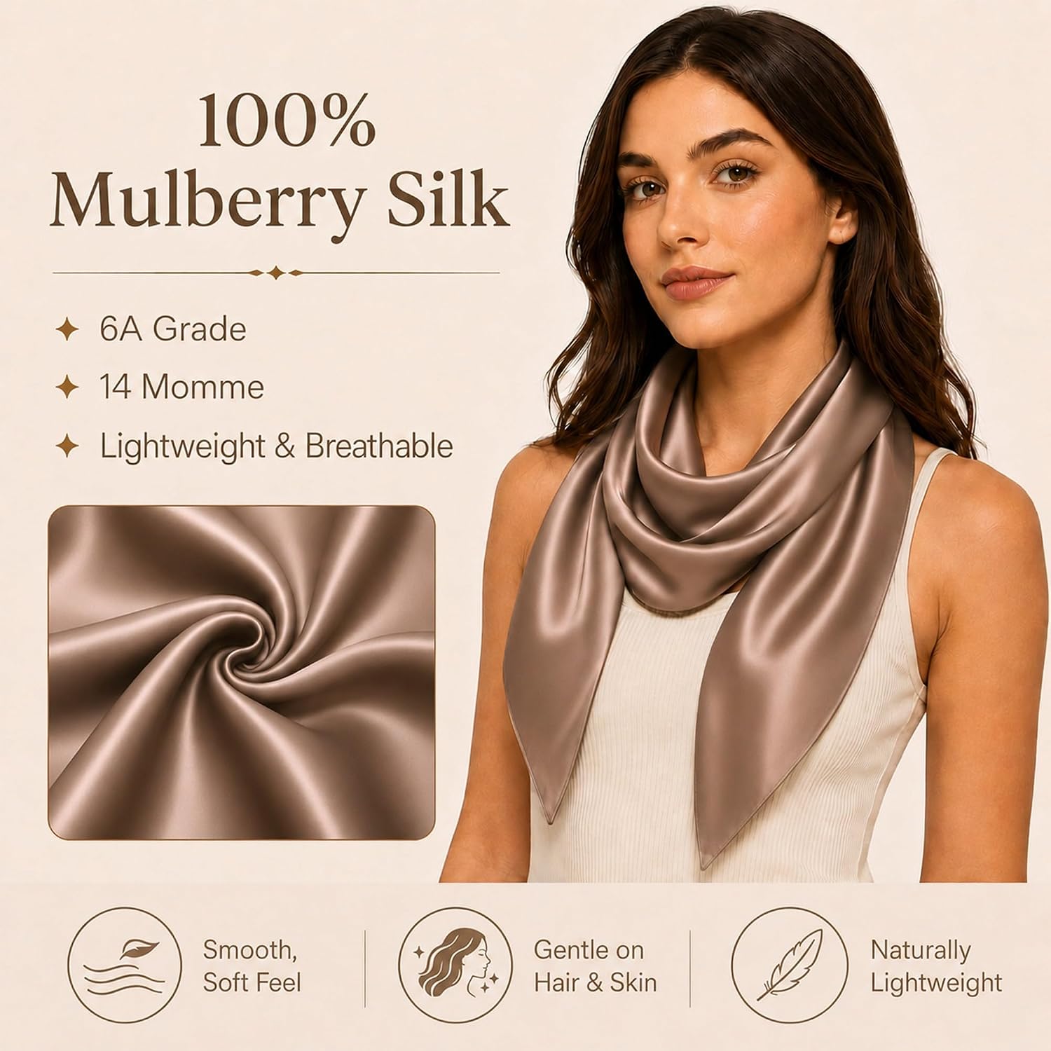 PoeticEHome Mulberry Silk Head Scarf 35"x35" - Solid Color 6A Grade Anti-Frizz Sleeping Hair Wrap, Growth Bandana, Gift Ready