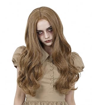 Probeauty Brown Curly Wig, 19.6 Inches Long Wavy Middle Parting Heat-Resistant Synthetic Fiber Hair + Wig Cap for Halloween Costume Cosplay