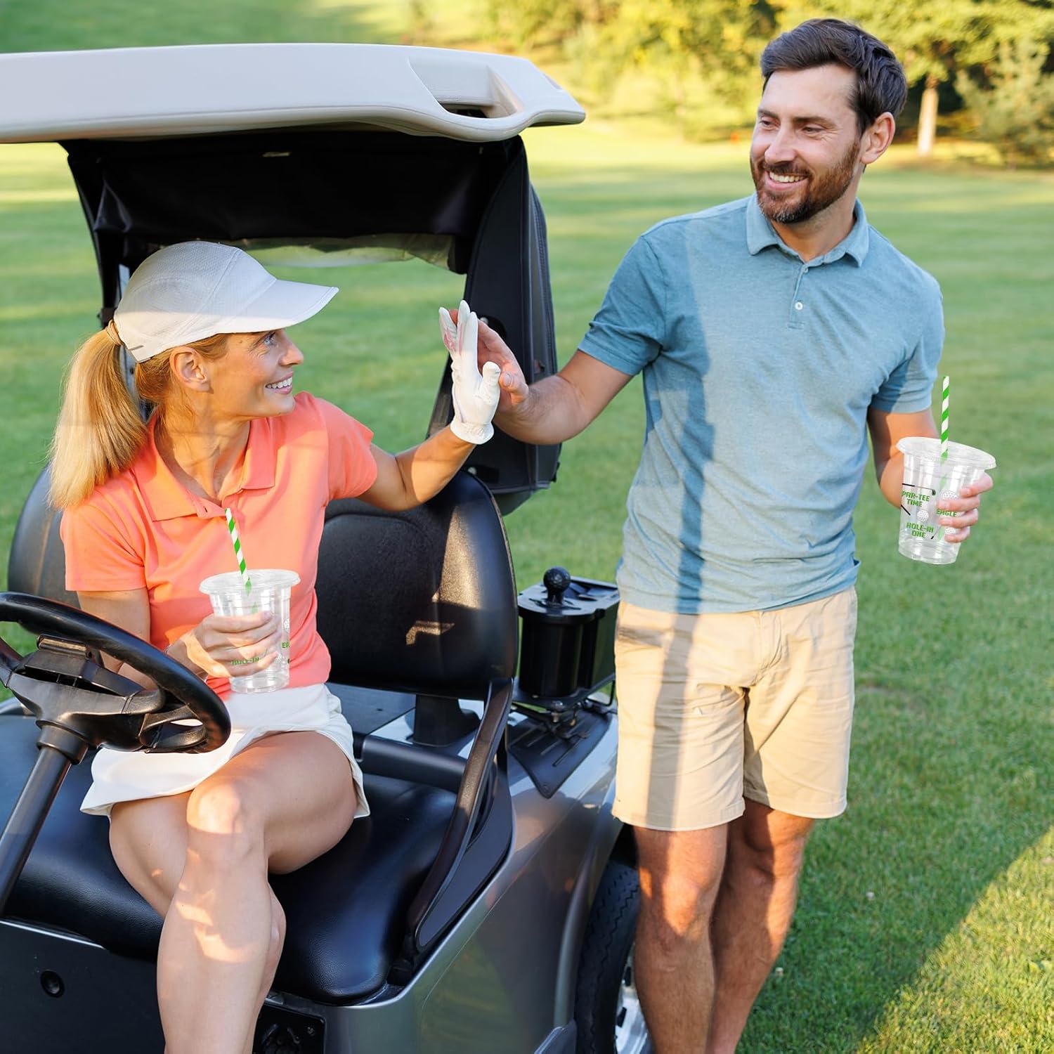 JarThenaAMCS 50Pcs Golf Plastic Cups with Lids Straws White Green Golf Clear Plastic Cups 12oz Sport Theme Disposable Cup for Birthday Baby Shower Supplies - Image 6