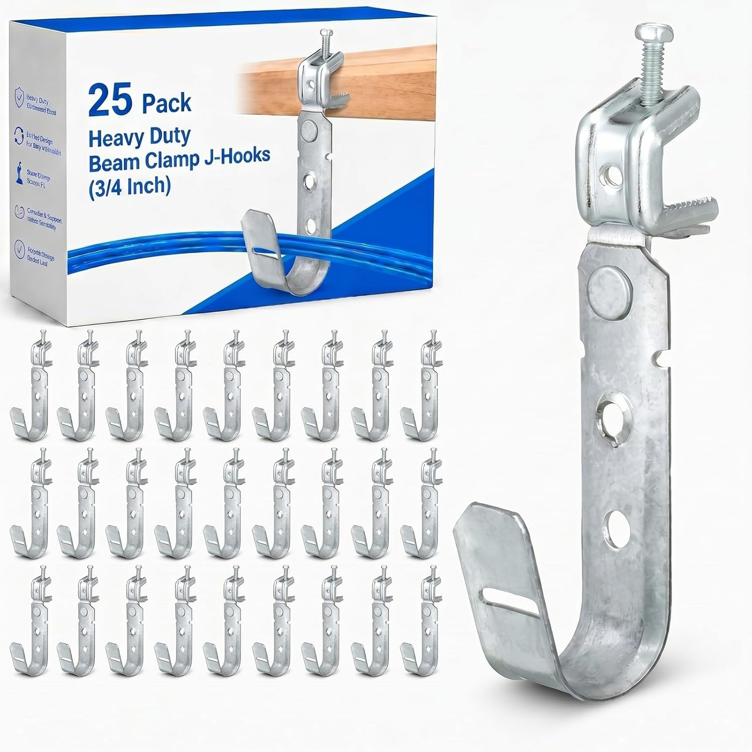 Tandefio 25 Pack Cable Support J Hook with Beam Clamp, Heavy Duty Metal Wire Cable Support J Hook Hangers for Wire Management (3/4 Inch)
