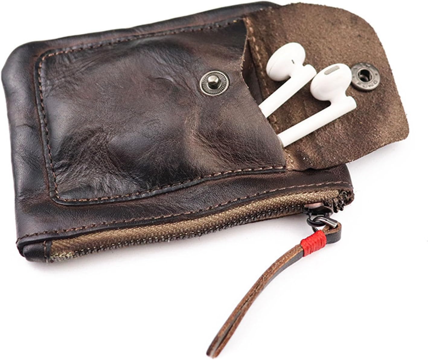 Men Leather Coin Pouch, Men's Coin Pouch with Zipper and Snap Closure Crazy Horse Wallet Suitable for Men and Women (Coffee)