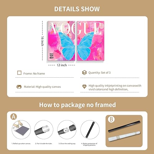Miniatura 6 de TACRIG 2 piezas de arte de pared en lienzo de mariposa azul de moda preppy - Pósteres de imágenes de moda rosa para dormitorio de niñas - Decoración