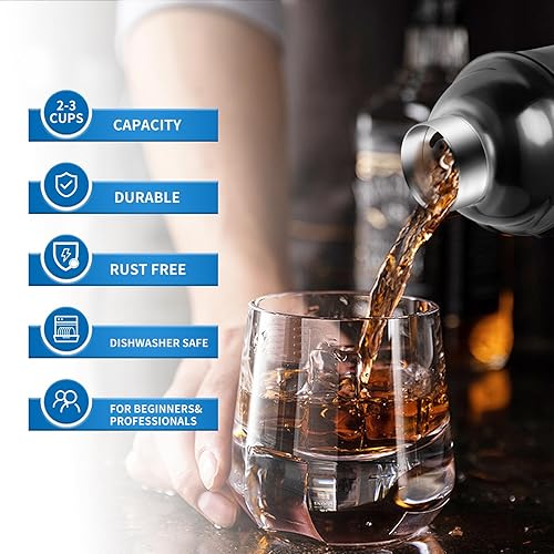 Miniatura 4 de Juego de coctelera de 24 onzas, coctelera de Martini con colador incorporado, jigger de medición, cuchara mezcladora, coctelera profesional de acero