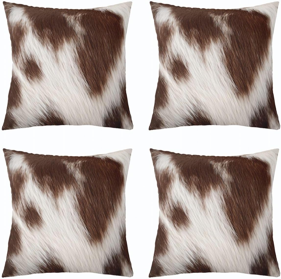 Cowhide Fur Throw Pillow Covers 24"x24" Set of 2 Soft Farm Animal Cow Skin Pillow Cases Cushion Covers For Living Room Bedroom Brown White Cow Hair Decorative Throw Pillowcases for Sofa Couch Chair