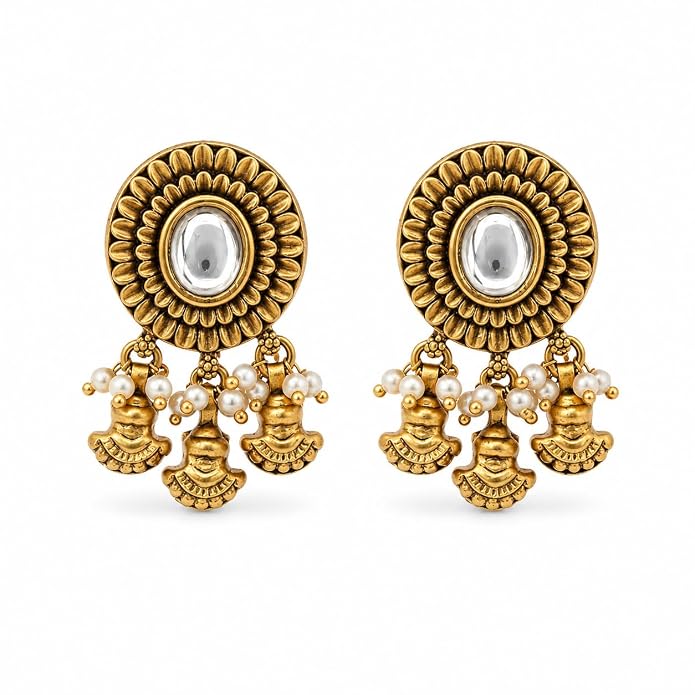 Sayda JewelsGold Plated Antique Traditional Jhumka Earring Indian ethnic Temple design studs Chandbali Style Bridal, Wedding & Festive Jewellery For Women & Girls