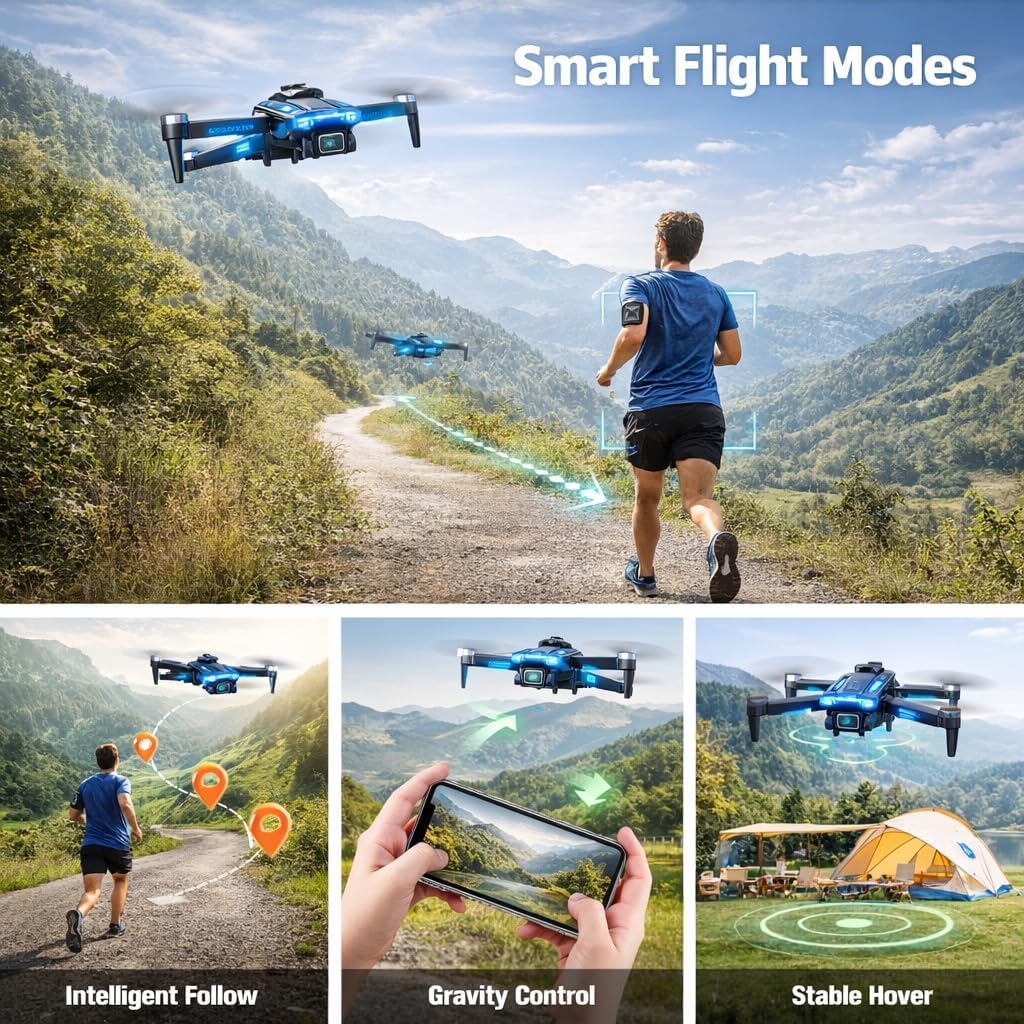 Drone con Telecamera 1080P per Bambini e Adulti, Mini Droni Pieghevole con Motore Brushless/ 2 Batterie/Altitudine Mantenimento, Giocattoli Regalo per Ragazzo e Uomo (Blu)