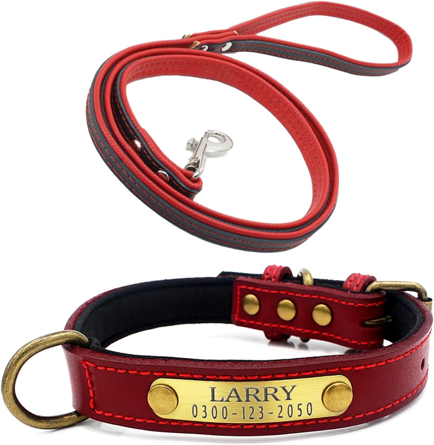 Yonsbox Personalized Leather Puppy Dog Collar and Leash Set with Soft Padded Name Plate Engraved Custom Adjustable Red Dog Collars Leashes for Male Female Boy Girl Small Medium Large Dogs