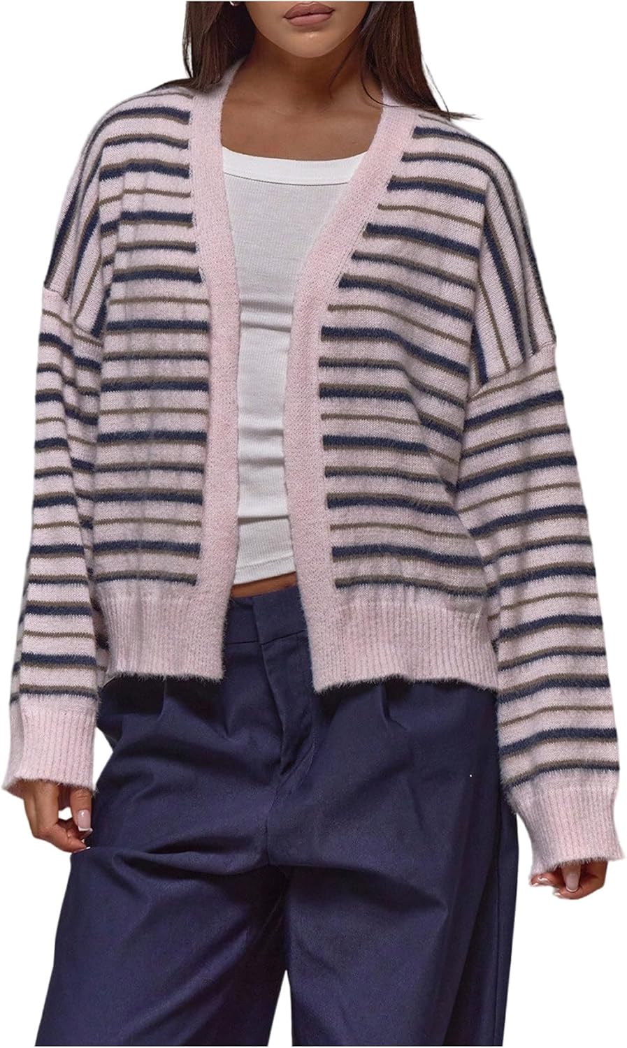 WDIRARA Women's Striped Open Front Cardigan Sweaters Long Sleeve Knit Outerwear Knitwear