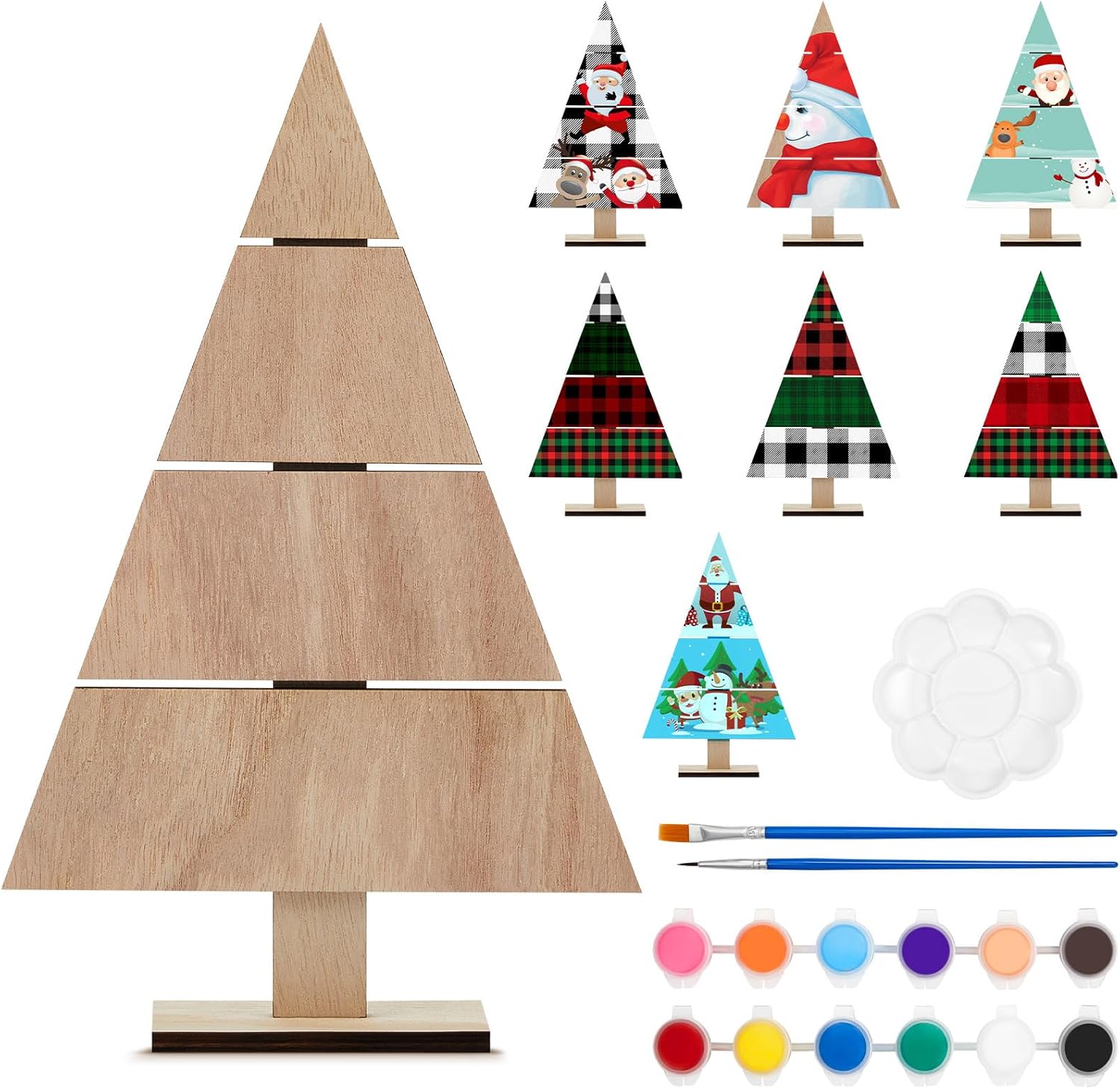 Soaoo 8 Pcs Christmas Standing Wood Pallet 11.81" x 7.48" Christmas Tree Unfinished DIY Wooden Ornaments Kit Rustic Wooden Crafts 12 Colors Pigment Palettes and Paint Brushes