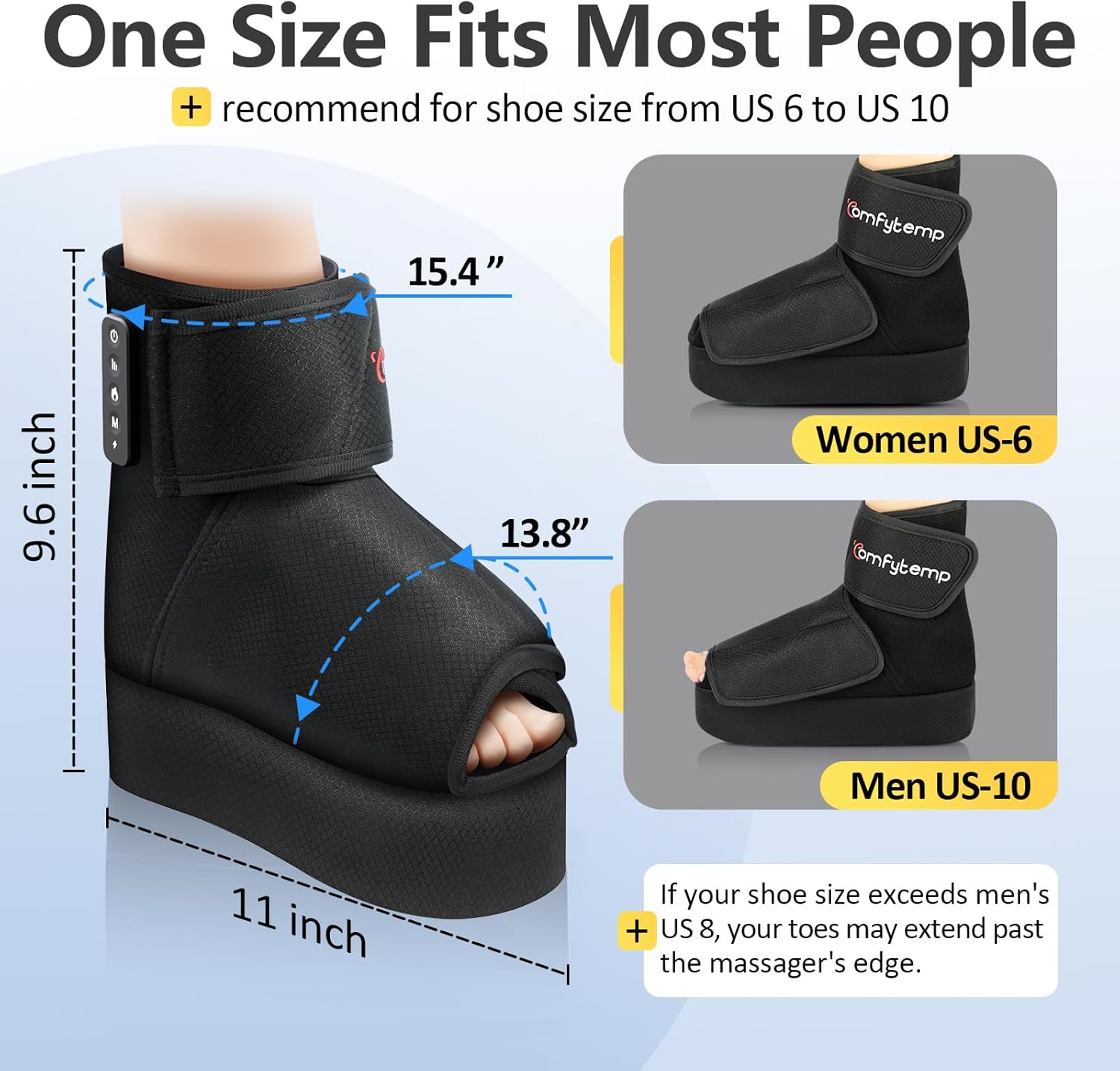 Diagram showing the dimensions and fit of the Comfytemp Cordless Foot Massager