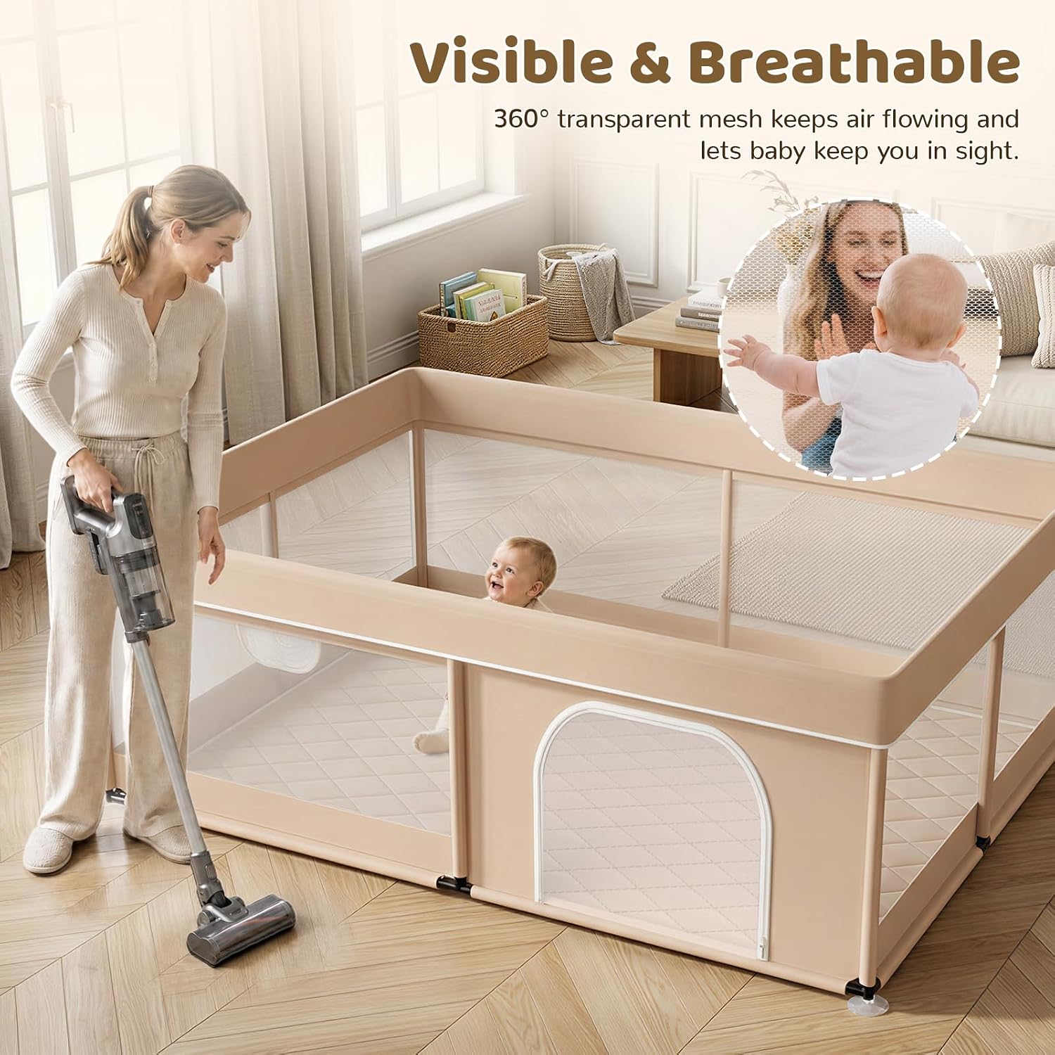 Omzer Baby Playpen with Mat 50x50inch: Large Playpen for Babies and Toddlers Indoor Safety Play Pen with Soft Breathable Mesh - All-Wrapped Sponge Sturdy Play Yard with Stable Mat Magic Sticker Beige