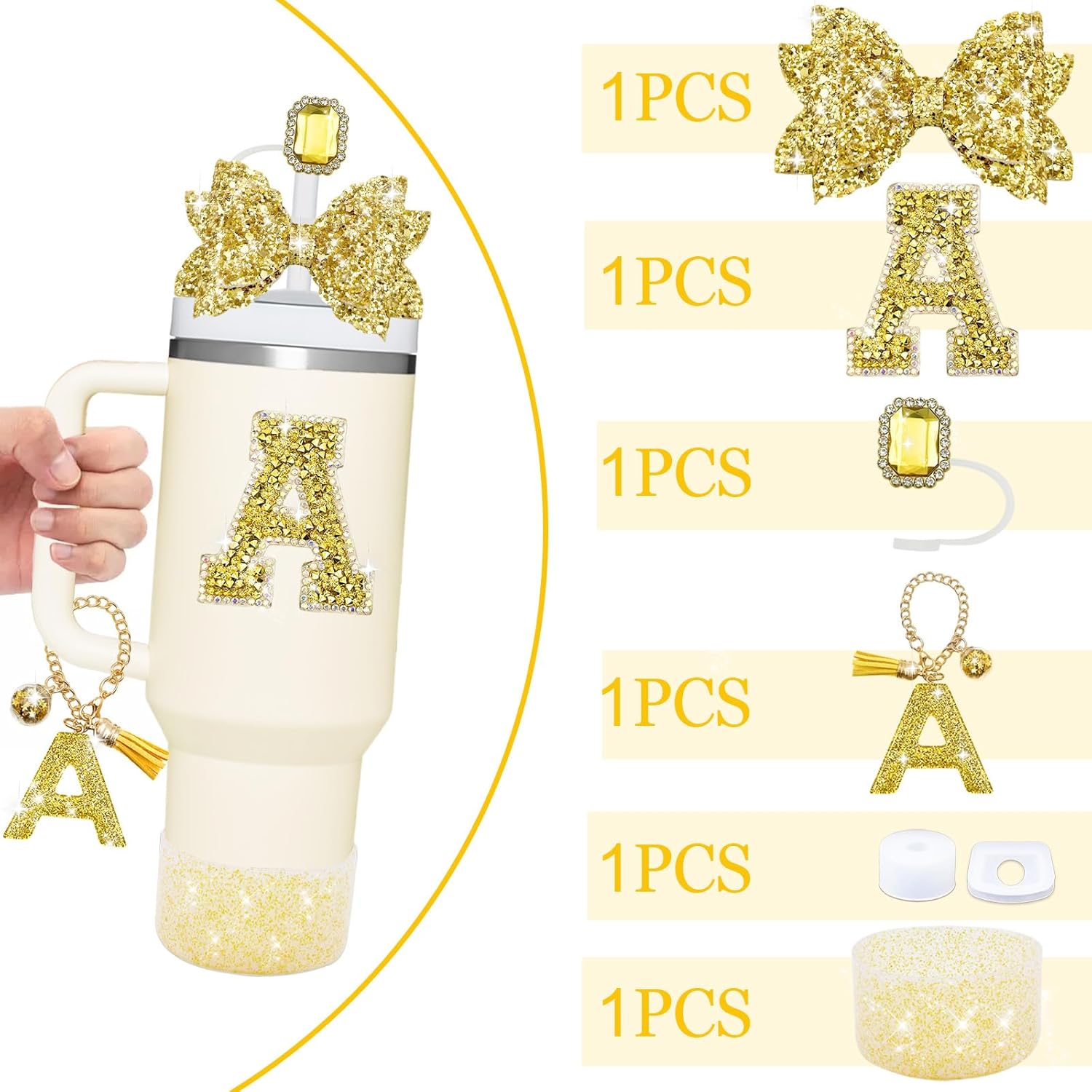7PCS Gold Cup Accessories Set for Stanley Cup 30oz/40oz,Includes Jewel Straw Topper,Spill Proof Stopper,Initials Decorations,Handle Charm,Silicone Boot,Letter Sticker,Bling Bow (Gold A) - Image 3