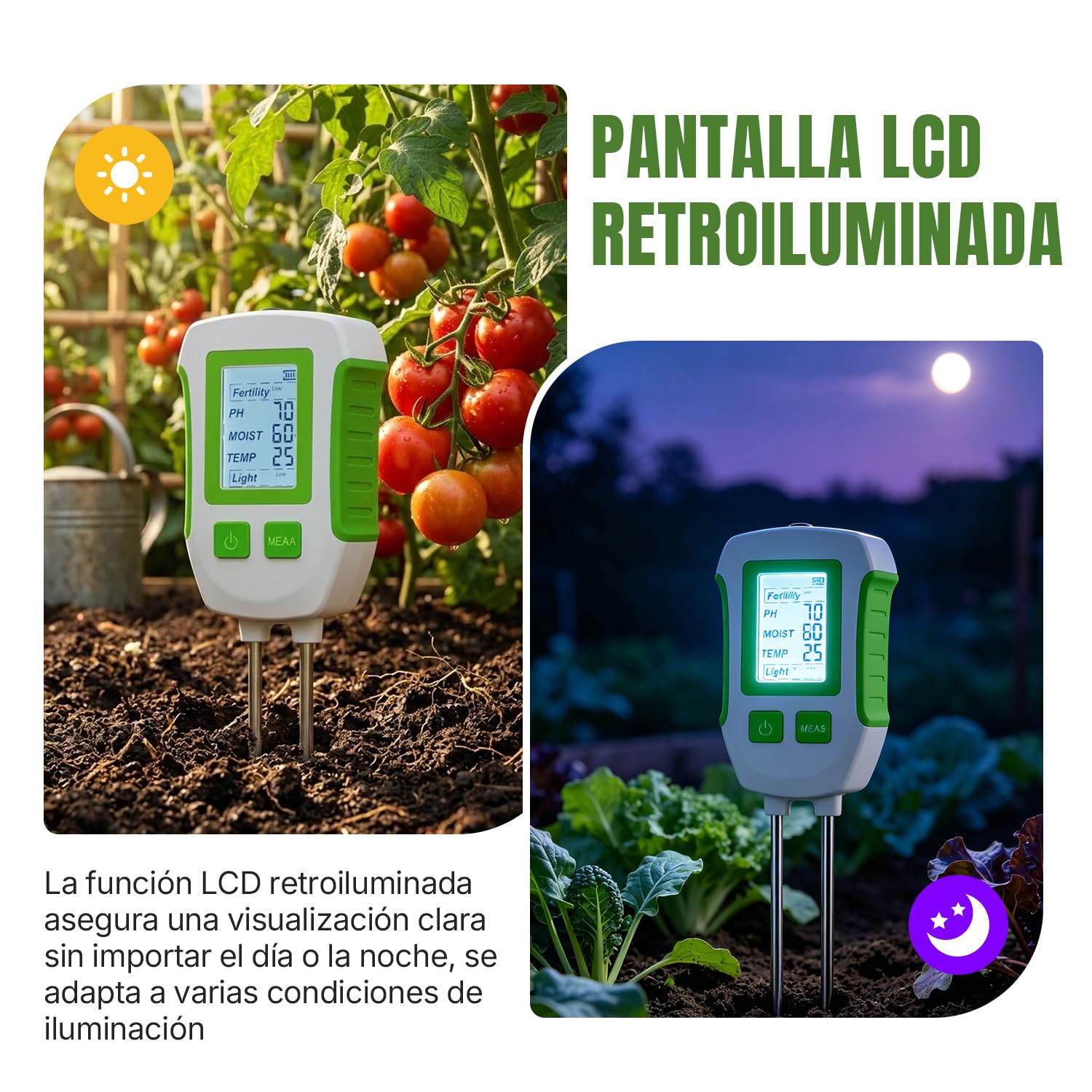 Mcbazel Medidor de Suelo 5 en 1, Multifuncional Analizador de Tierra para pH, Fertilidad, Humedad, Temperatura y Luz, Sensor de Doble Sonda con Apagado Automático para Jardín y Agricultura