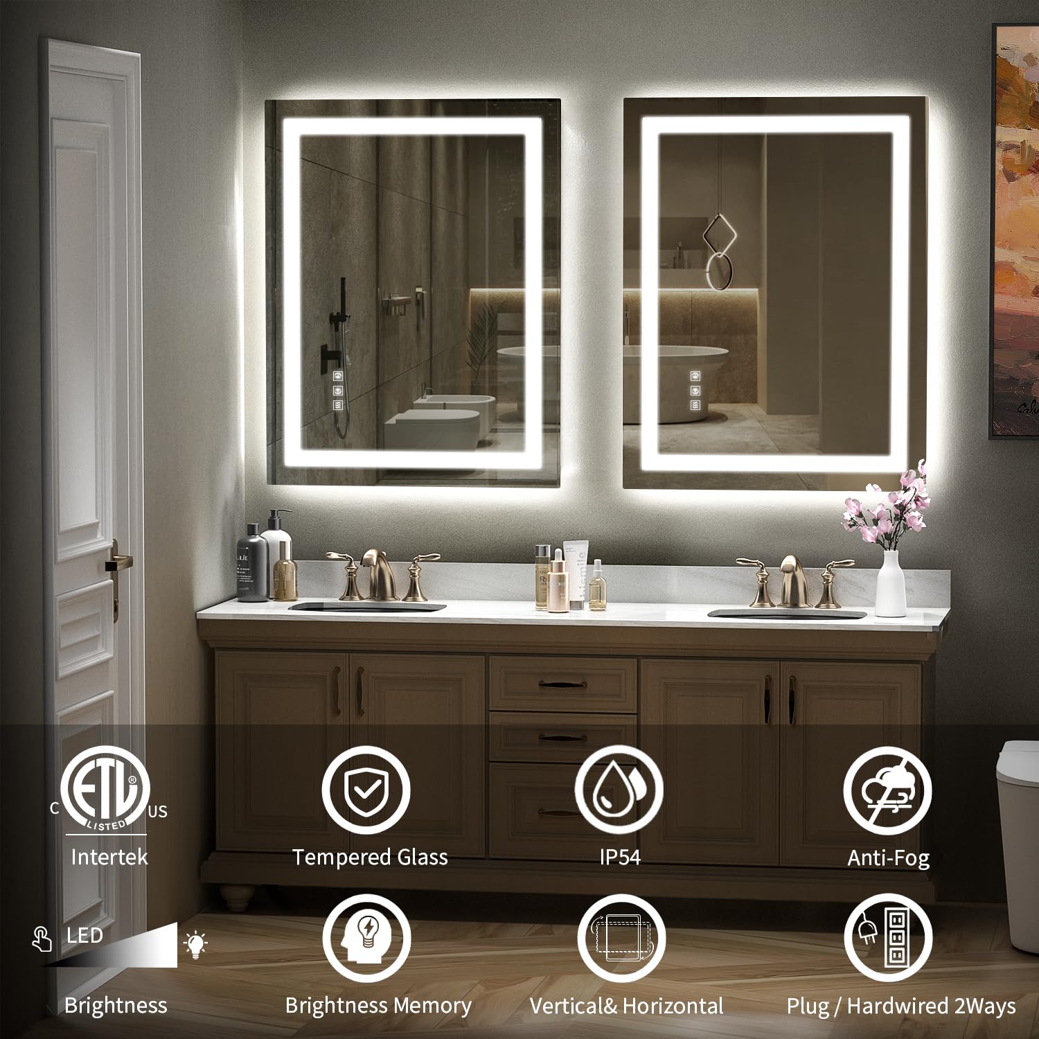Espejo LED para baño, retroiluminado de 28 x 36 pulgadas + espejo de cambiador de baño con luces para pared, doble tira de luz, 3 colori, a prueba de roturas, antivaho y memoria de brillo