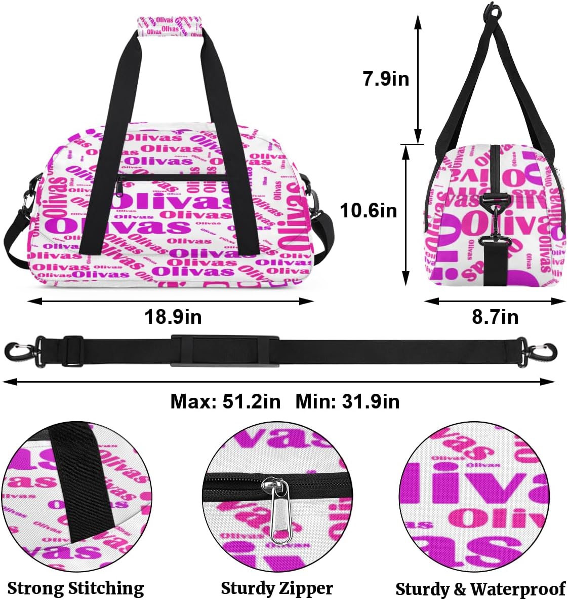 Personalized Kids Gym Bag, Custom Sport Duffel Bag Dance Bag Weekender Bags Customize Travel Duffel Bag Gymnastic Bag for Boy Girl Pink