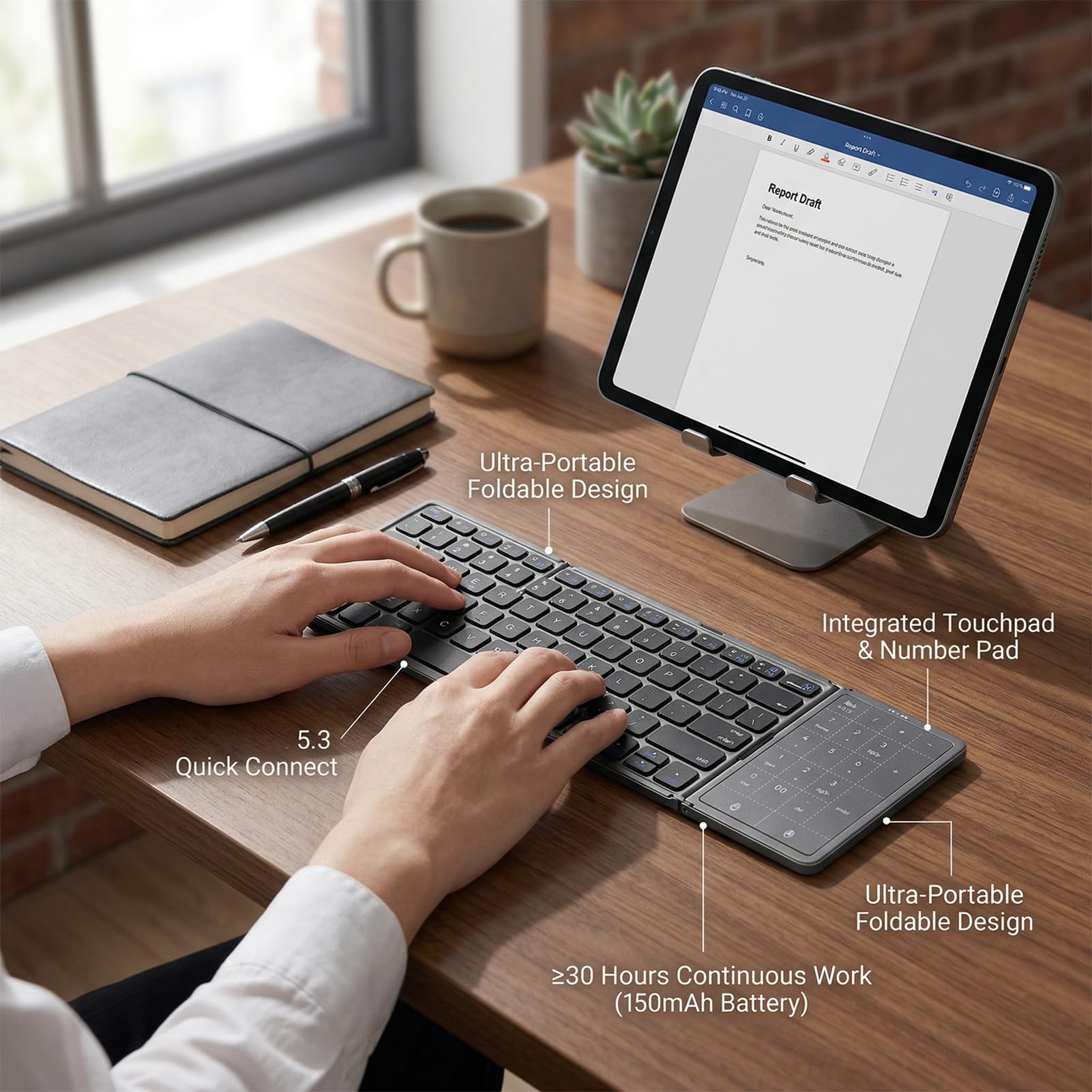 Dpofirs Tastiera Portatile Pieghevole con Touchpad, Tastiera da Viaggio Wireless Bluetooth per Smartphone, Tablet e Laptop