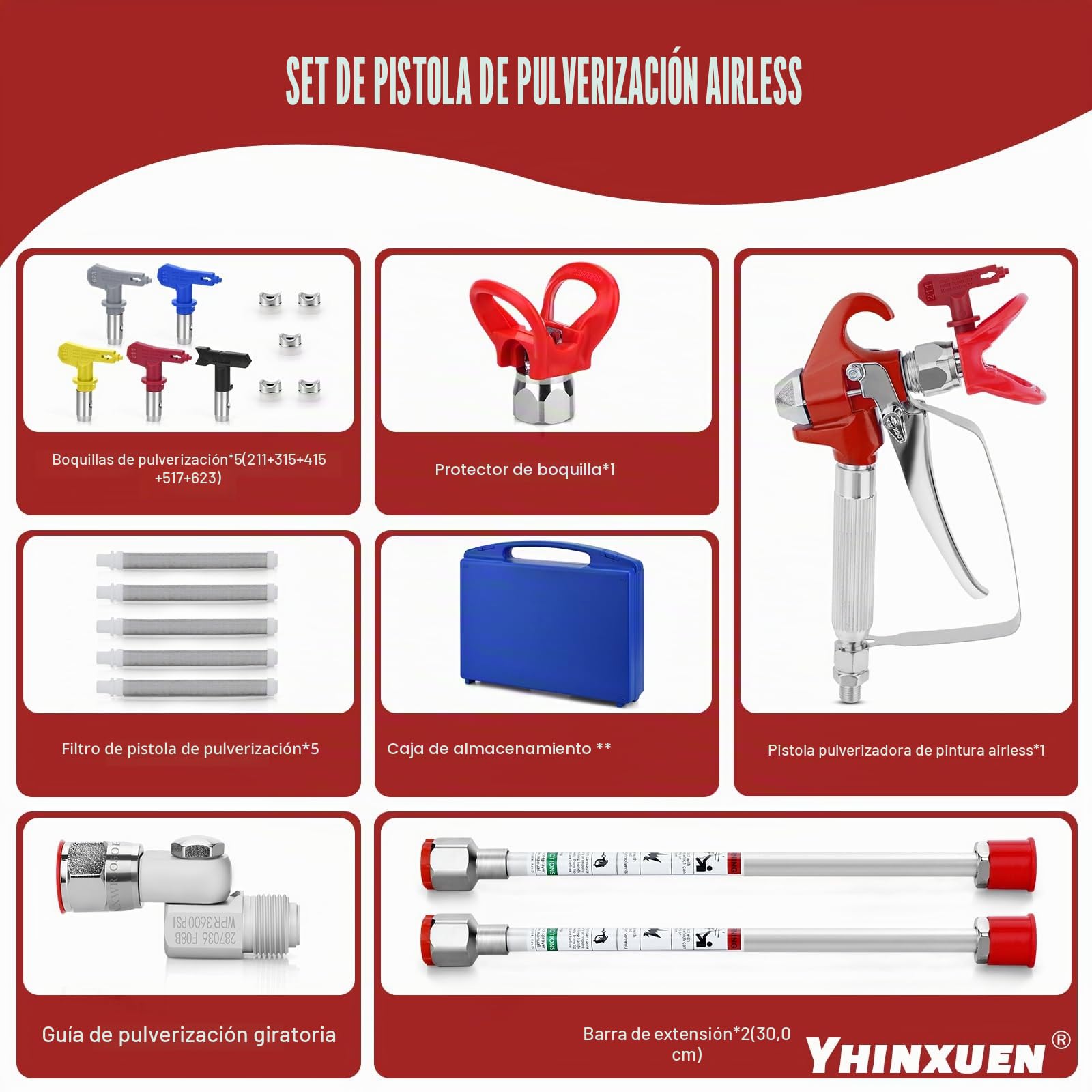 Kit de pistola de pintura Airless 3600 PSI, 1 protector de boquilla, 5 cabezales de pulverización, 2 varillas de extensión, 1 junta giratoria, 5 filtros y 1 caja