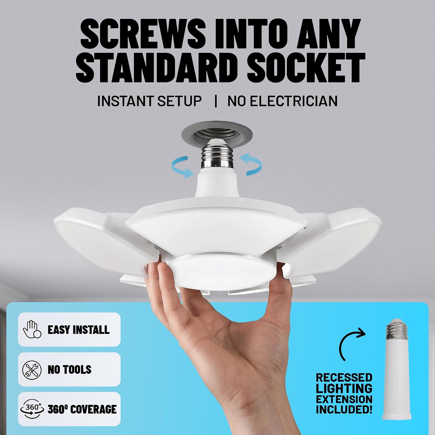 Bell+Howell Socket Burst Screw in LED Garage Lights, 3500LM Ultra Bright LED Shop Lights for Garage, Shed, Attic, Wrokshop, Screw-in E26/E27, 6 Light Panels, Easy to Install