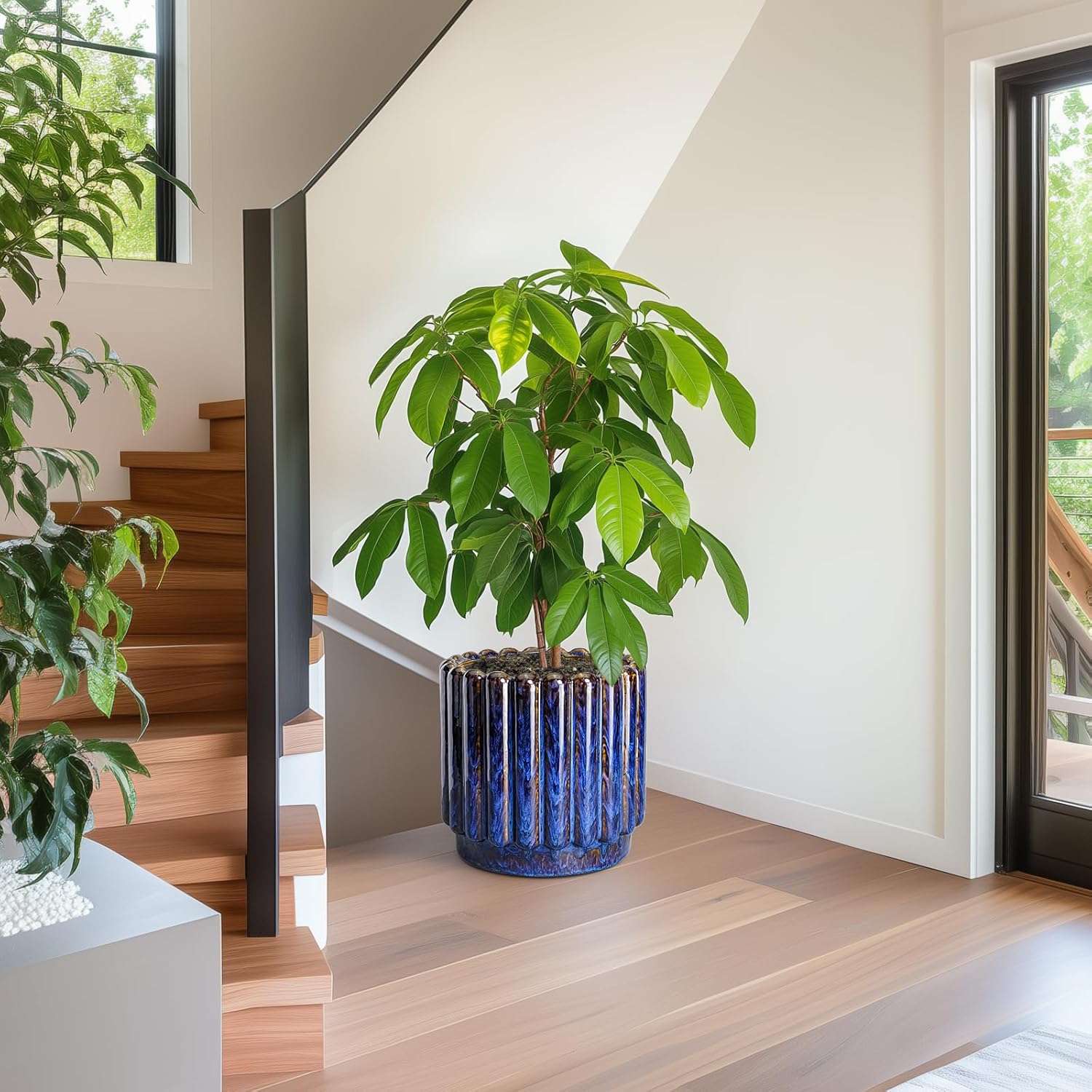 12 Inch Pots for Plants - Ceramic Planter Indoor Outdoor, Large Ceramic Flower Pots with Drainage Hole, Fluted Modern Round Planter, Living Room Home Decor, Gifts for Plant Lovers, Blue