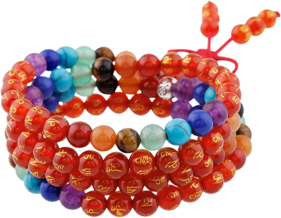 SUNYIK Natural Stone Tibetan Buddhist 108 Mala Bracelet for Women Men Carved Six Words Mantra