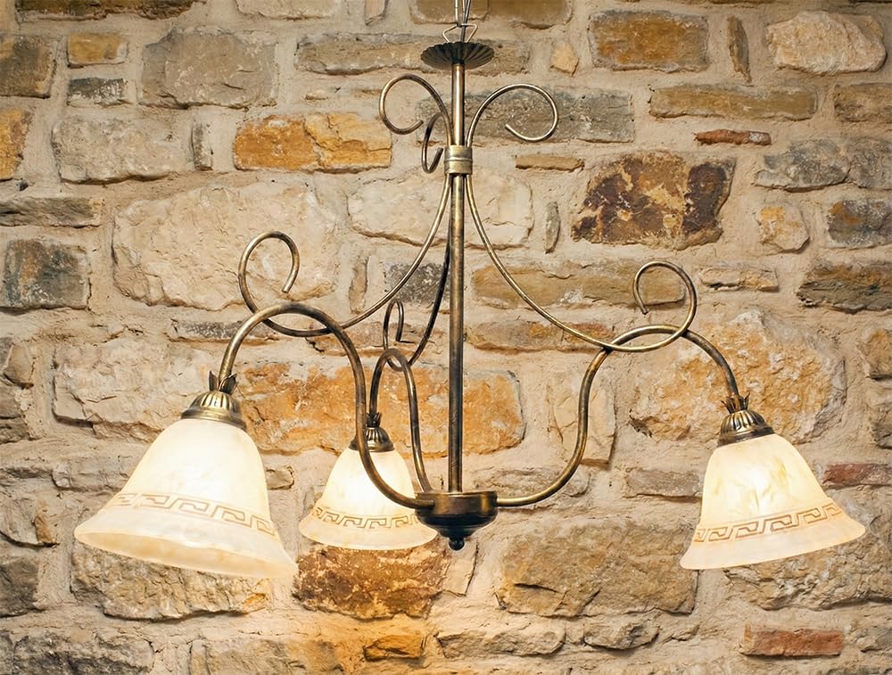 Generico Lampadario in ferro battuto a 3 Luci Stile Classico Rustico con vetri ambra Greca-3L