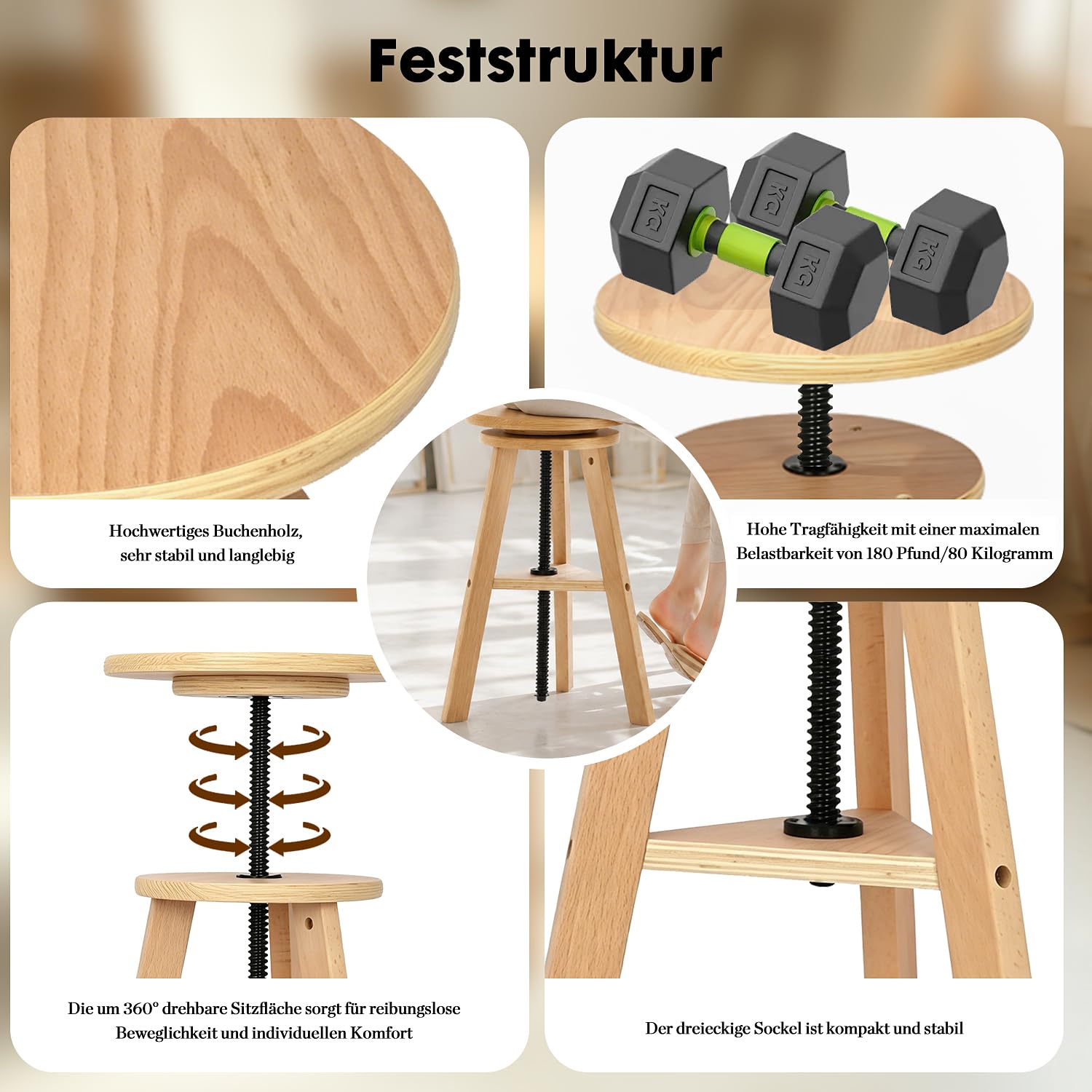 Höhenverstellbarer Zeichnerhocker aus Holz, Künstlerhocker, Hocker für Büro und Atelier, bis zu 100 kg, deutsches Buchenholz, ideal für Künstlerateliers, den privaten Gebrauch, die Küche und Bars