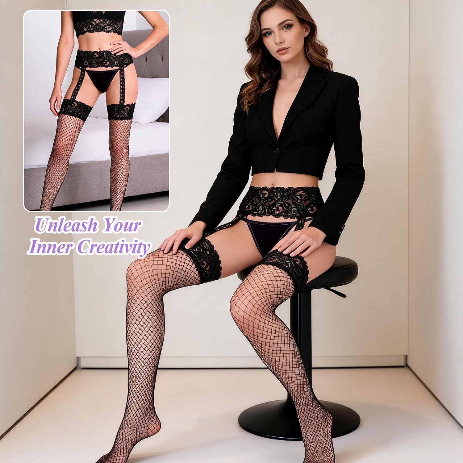 Fishnet Stockings for Women, Lace Garter Belt and Thigh Highs Set