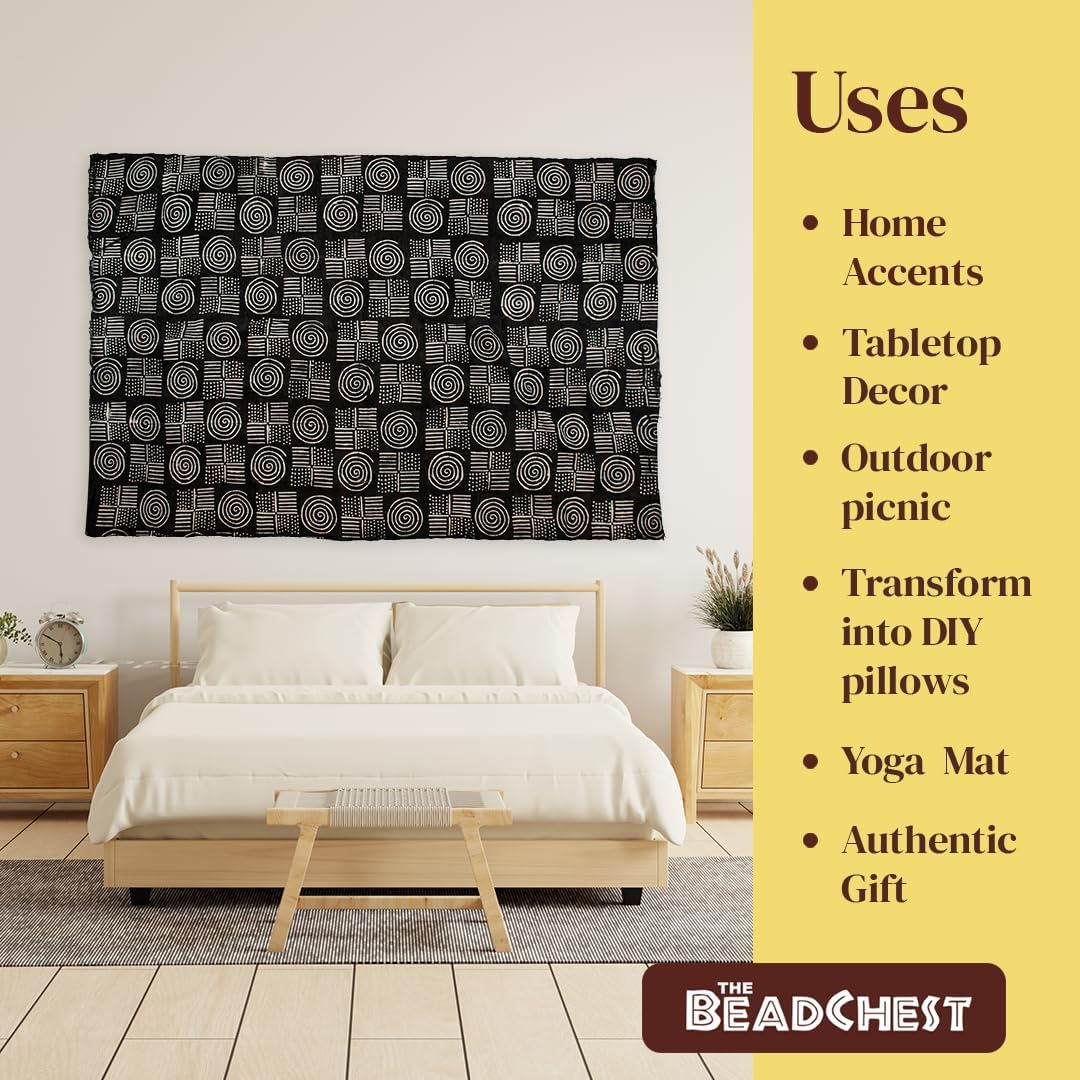 The Bead Chest Ebony Black Bogolan Mali Mud Cloth - Handmade African Textile from West Africa - 40x64 Inches - Ideal for Home Decor, Boho Throw Blanket, Upholstery, or Crafts