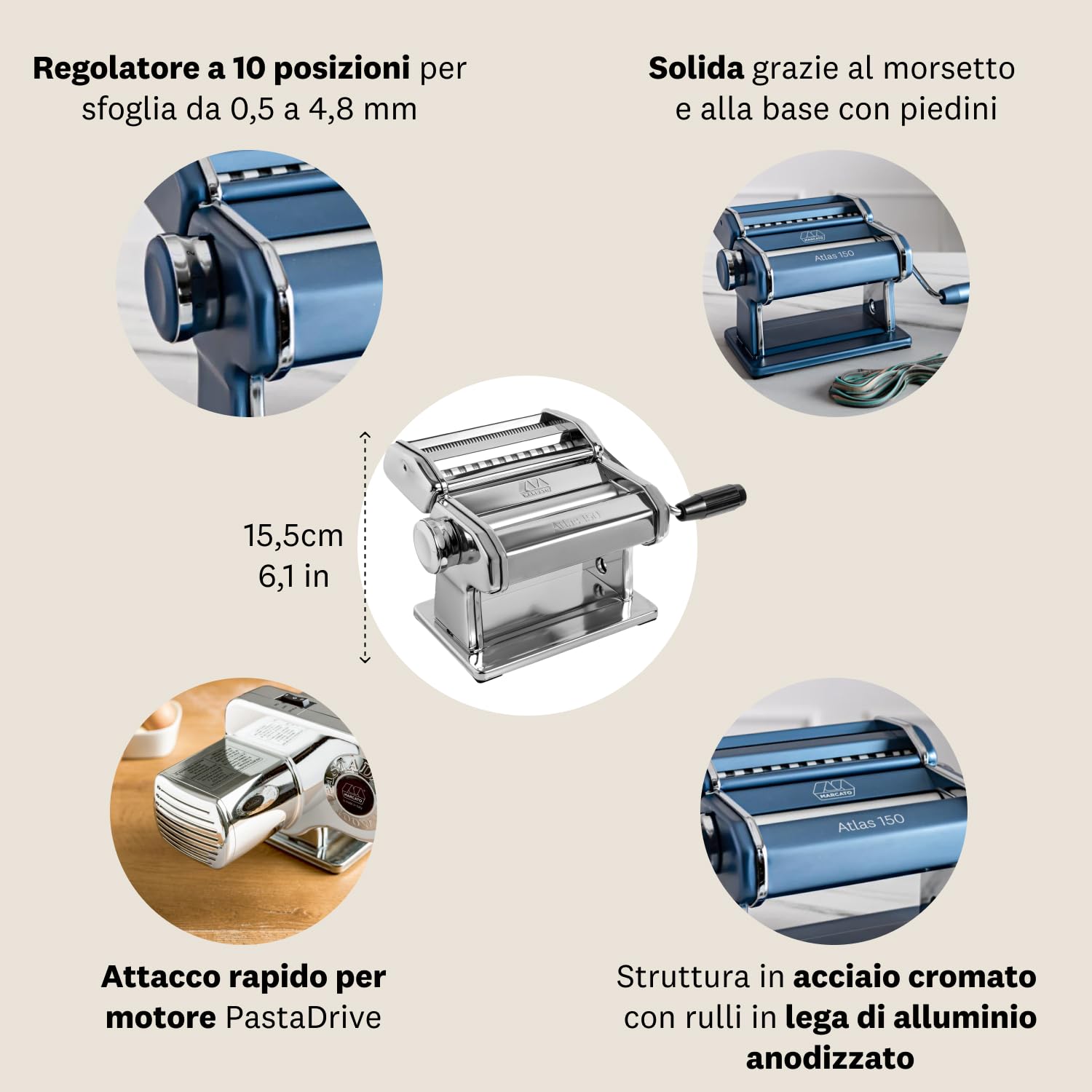 Marcato Macchina per Pasta Atlas Ice, Sfogliatrice Manuale, Acciaio Cromato e Alluminio Anodizzato, 20x20x15 cm, Facile da Usare