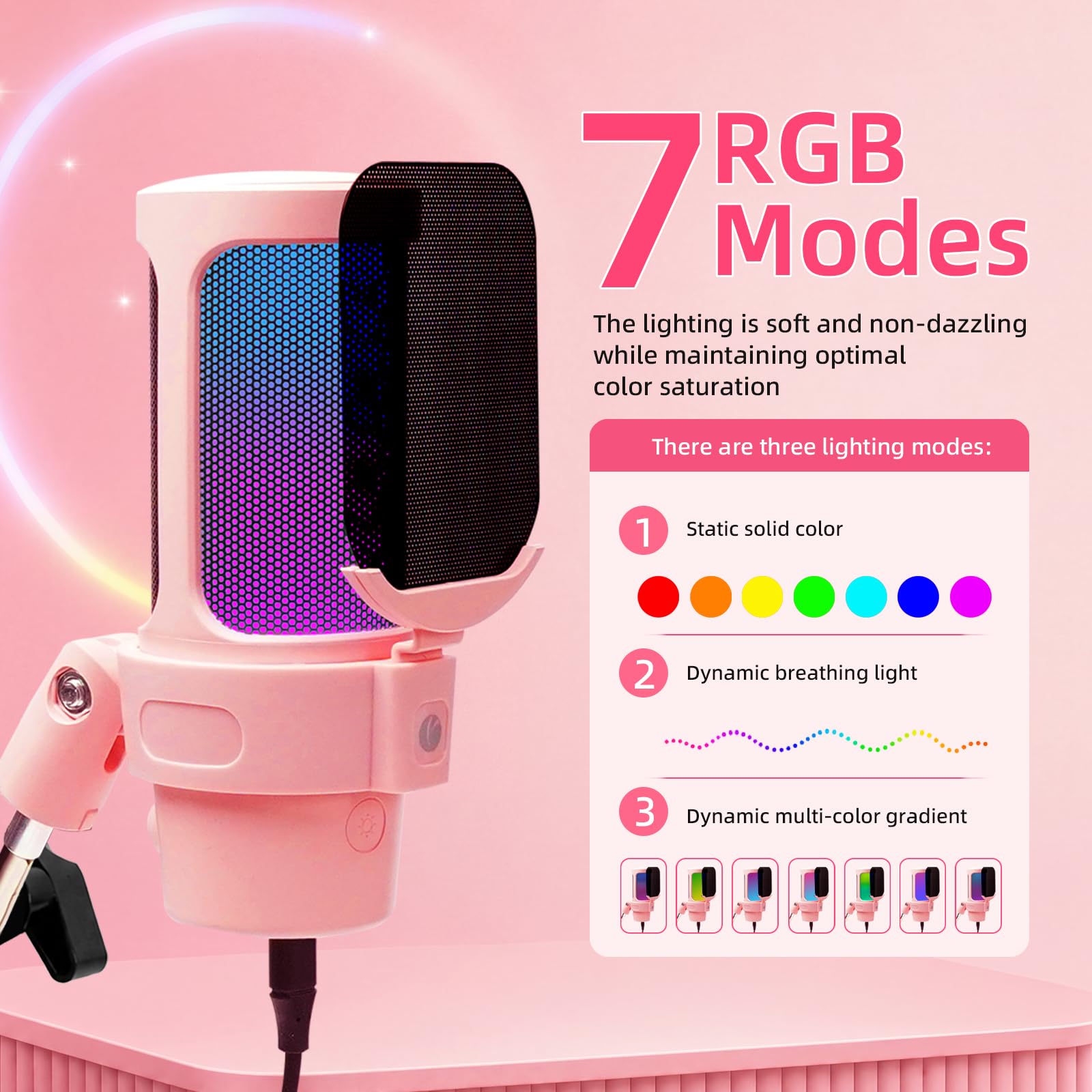 V VCOM Microfono USB per PC, microfono da gioco rosa con braccio e modalità