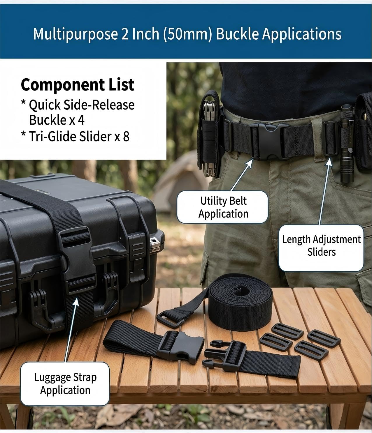Heavy Duty Quick Release Buckles & Tri-Glides - Dual Adjustable Side Lock Clips for Nylon Web Belt, Strap Replacement