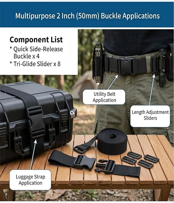 Heavy Duty Quick Release Buckles & Tri-Glides - Dual Adjustable Side Lock Clips for Nylon Web Belt, Strap Replacement