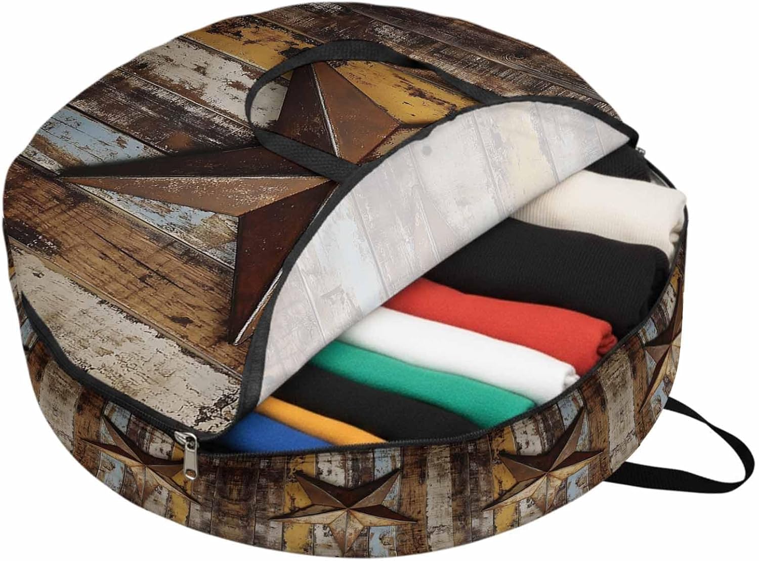 Retro Star Round Storage Bag 36 Inch, Abstract Metal Stars Old Wooden Walls Country Clothes Storage Container with Handles Heavy Duty Organizer for Comforter, Bedding & Holiday Wreaths