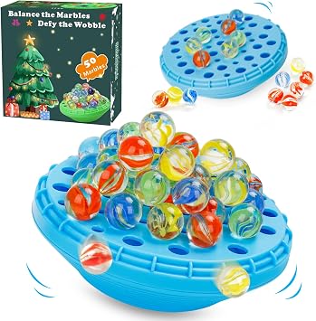 Marble Balance Game - 50 Colorful Marbles with Built-in Storage, Fun Family Challenge for 1-4 Players, Educational Toy for Kids & Adults, Perfect for Parties, Travel & Birthday Gifts Blue