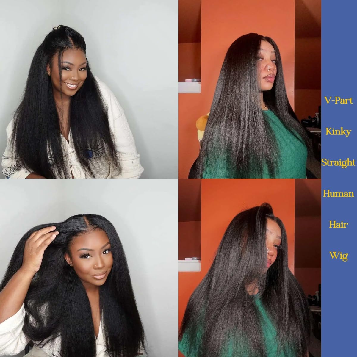 V Part Wig Human Hair Kinky Straight Human Hair Wig for Black Women 250% Density Glueless Clip In No Leave Out Yaki Straight Wigs Human Hair Drawstring Half Wig Natural Black (Black, 22 inch)