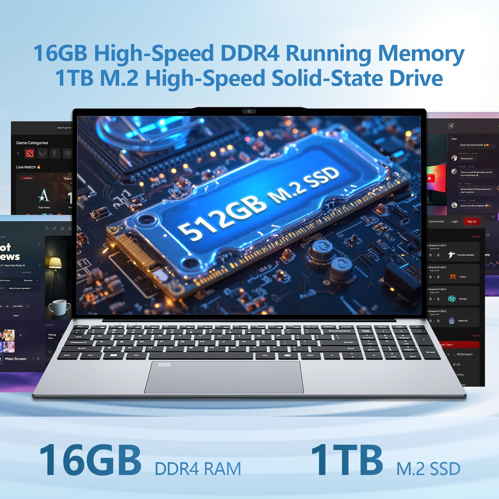 Ordenador Portátil Win 11 15,6" Full HD IPS 16GB RAM 1TB SSD Procesador Celeron N5100 (hasta 2,8 GHz) PC Portátil Teclado Retroiluminado con Lector de Huellas WiFi5 BT 4.2 HDMI USB 3.0 Batería 5000mAh