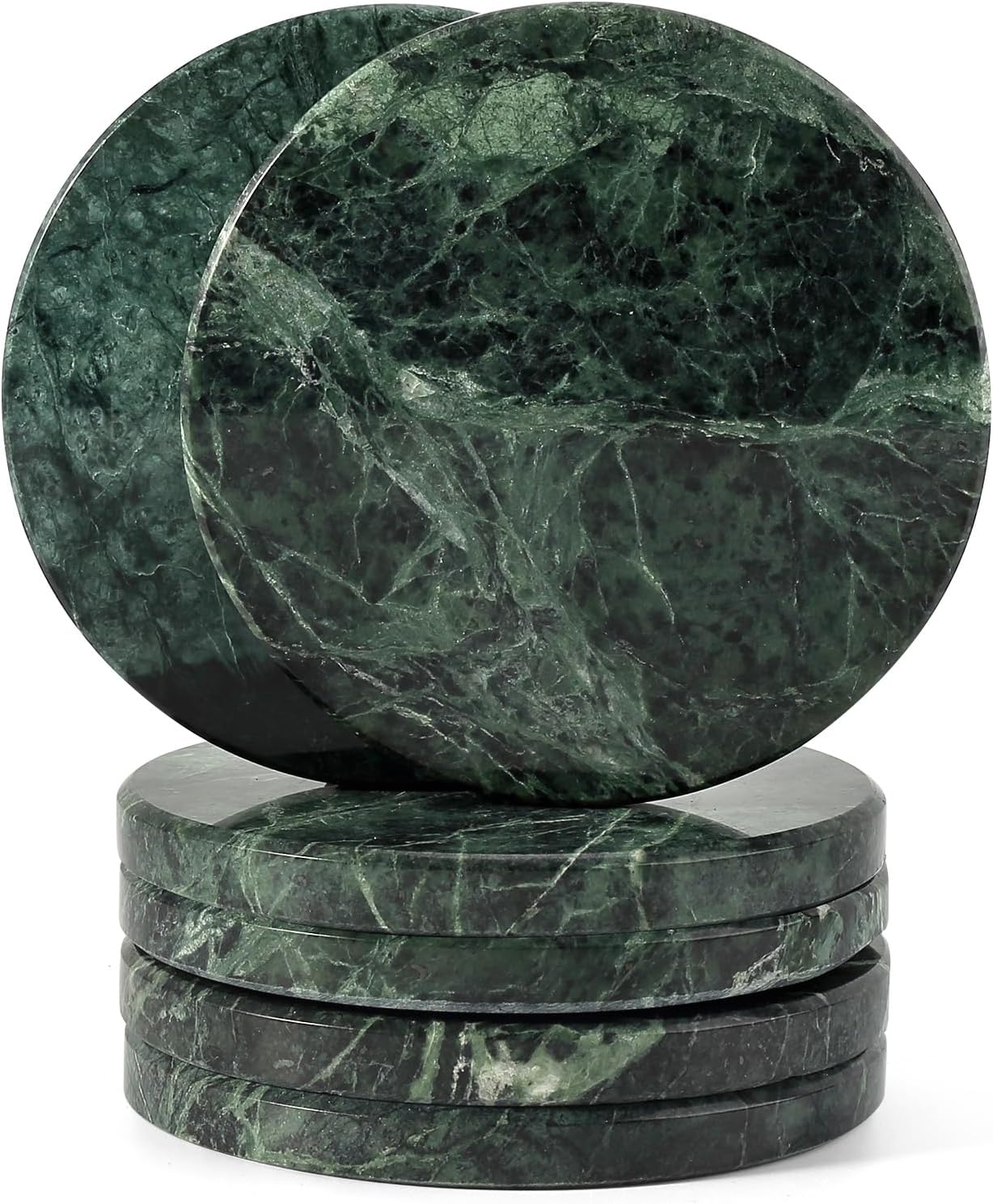 Koville Green Marble Coasters Set of 6, 3.9 Inch Round Coaster for Drinks, Drink Coaster for Tabletop & Coffee Table Decor, Ideal Home Decor House Warming Gifts, Luxury Aesthetic Stone Coasters