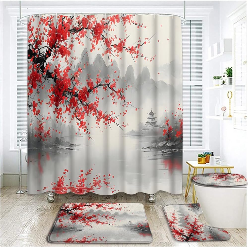 4 Piece Asian Decor Shower Curtain Set with Rugs, Toilet Lid Cover ,Vintage Spring Red Plum Blossom Floral Montain Traditional Ink Painting Chinese Oriental Style Bathroom Shower Curtain with Hooks
