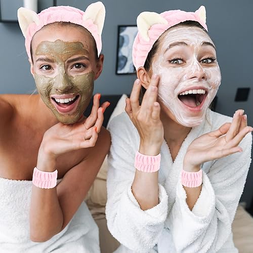 Miniatura 9 de WHAVEL Juego de 3 diademas de spa y pulsera, lindas diademas de orejas de gato para lavar la cara, maquillaje, diadema para lavado de cara y muñeca