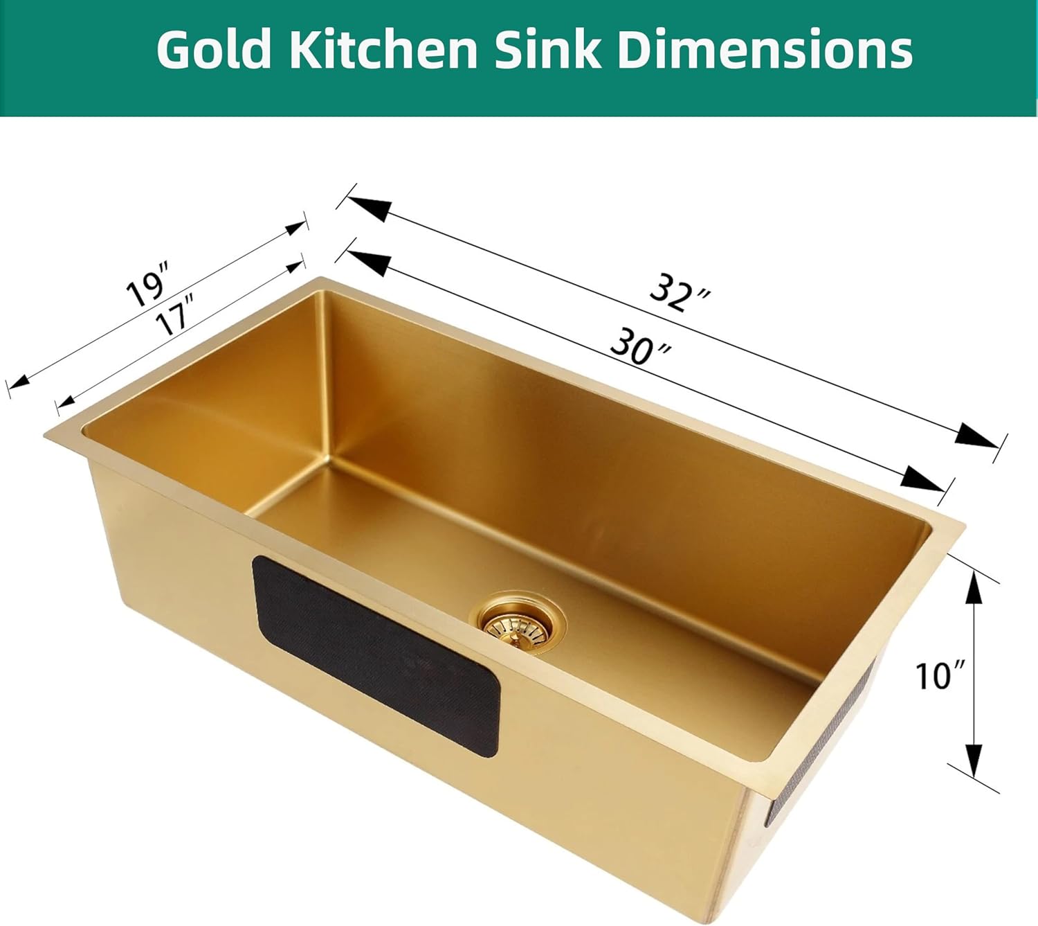 32 Inch Gold Kitchen Sink, 32 x 19 Inch Undermount Single Bowl Kitchen Sink, 16 Gauge Stainless Steel Sinks for Kitchen